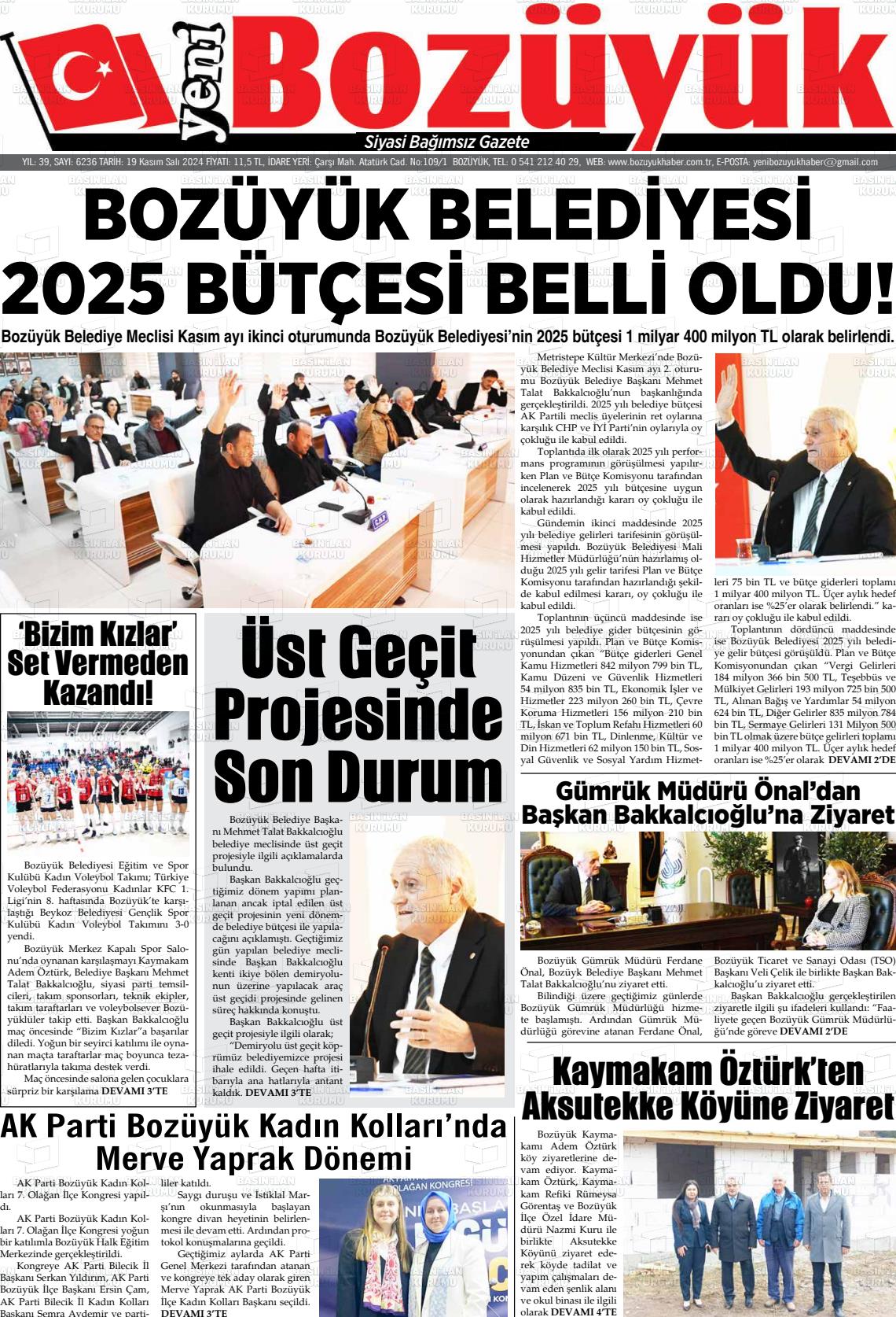 19 Kasım 2024 Yeni Bozüyük Gazete Manşeti