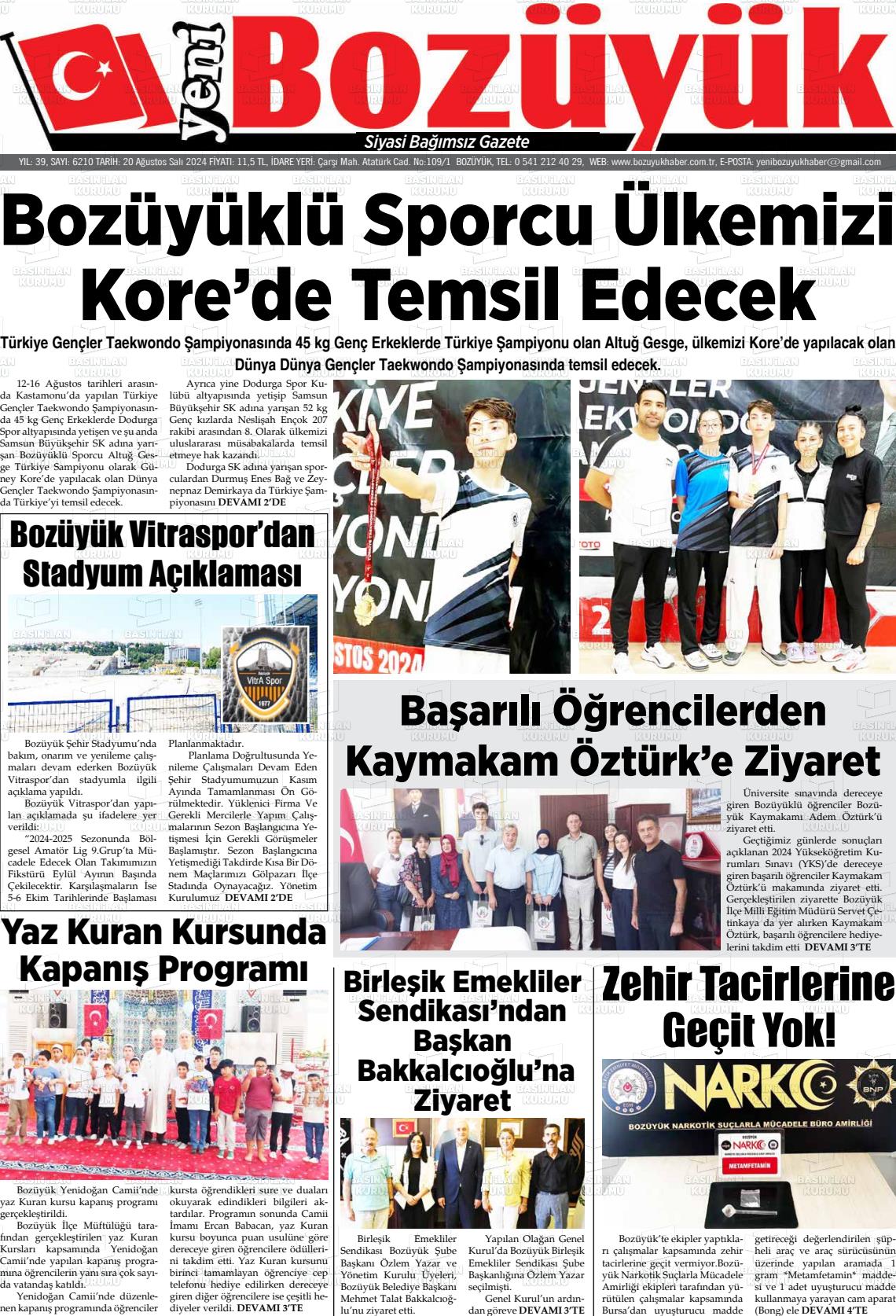 20 Ağustos 2024 Yeni Bozüyük Gazete Manşeti