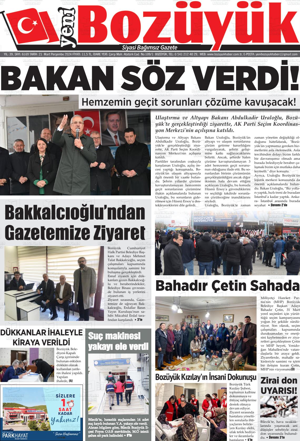 21 Mart 2024 Yeni Bozüyük Gazete Manşeti