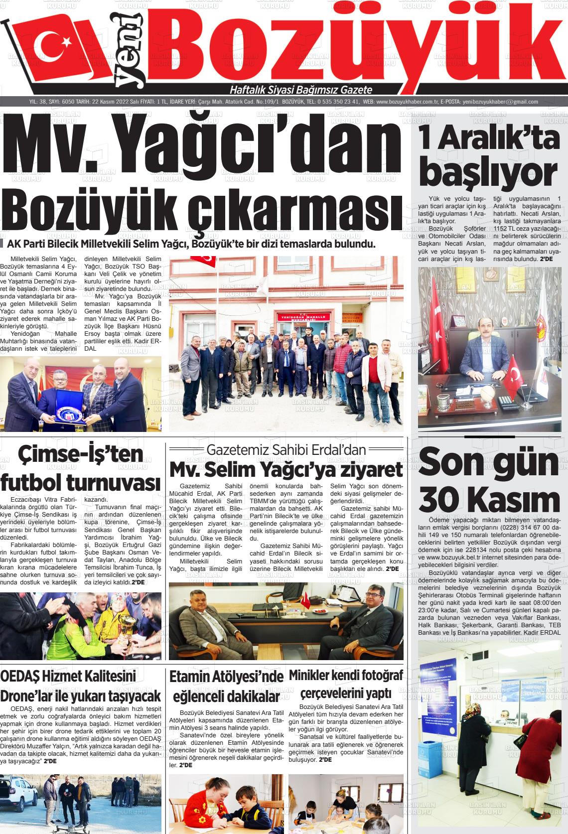 22 Kasım 2022 Yeni Bozüyük Gazete Manşeti