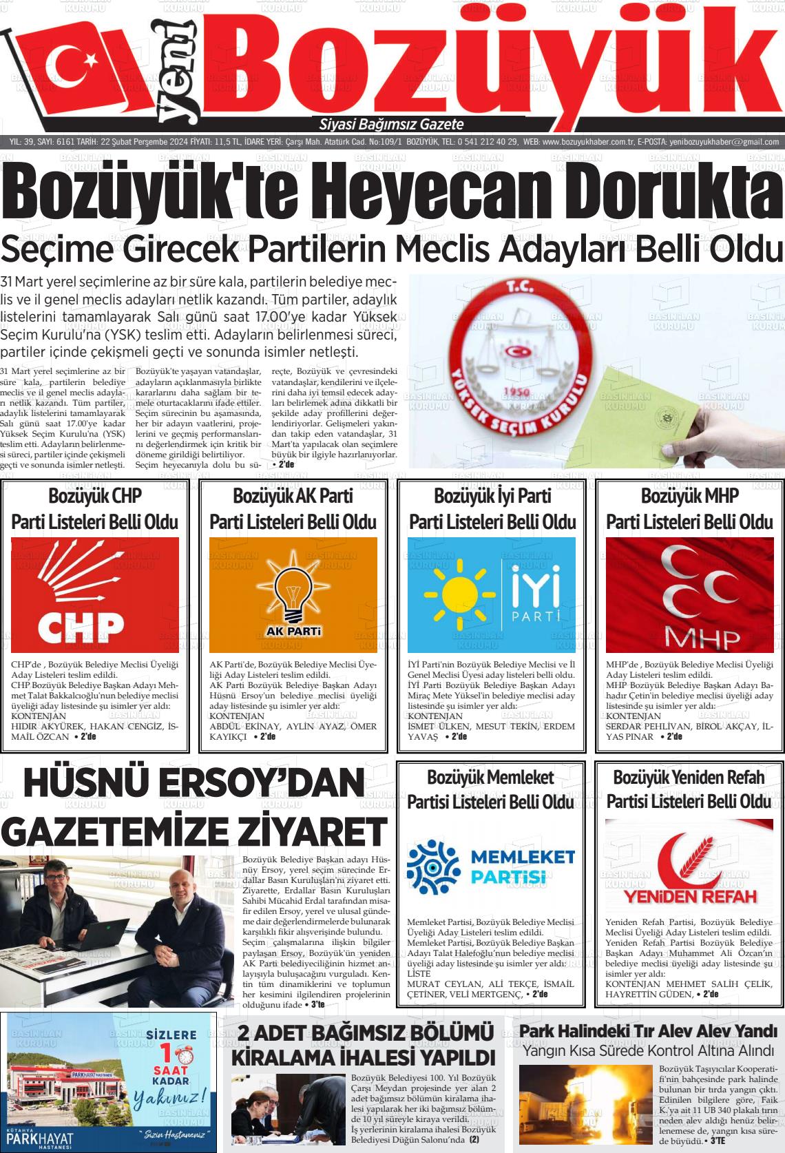 22 Şubat 2024 Yeni Bozüyük Gazete Manşeti