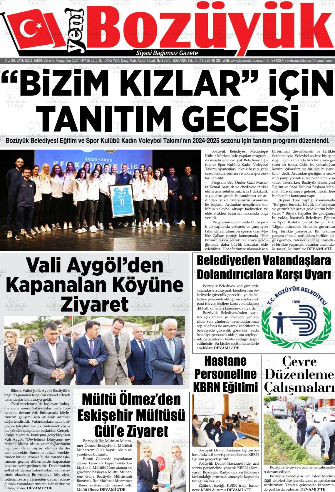 26 Eylül 2024 Yeni Bozüyük Gazete Manşeti