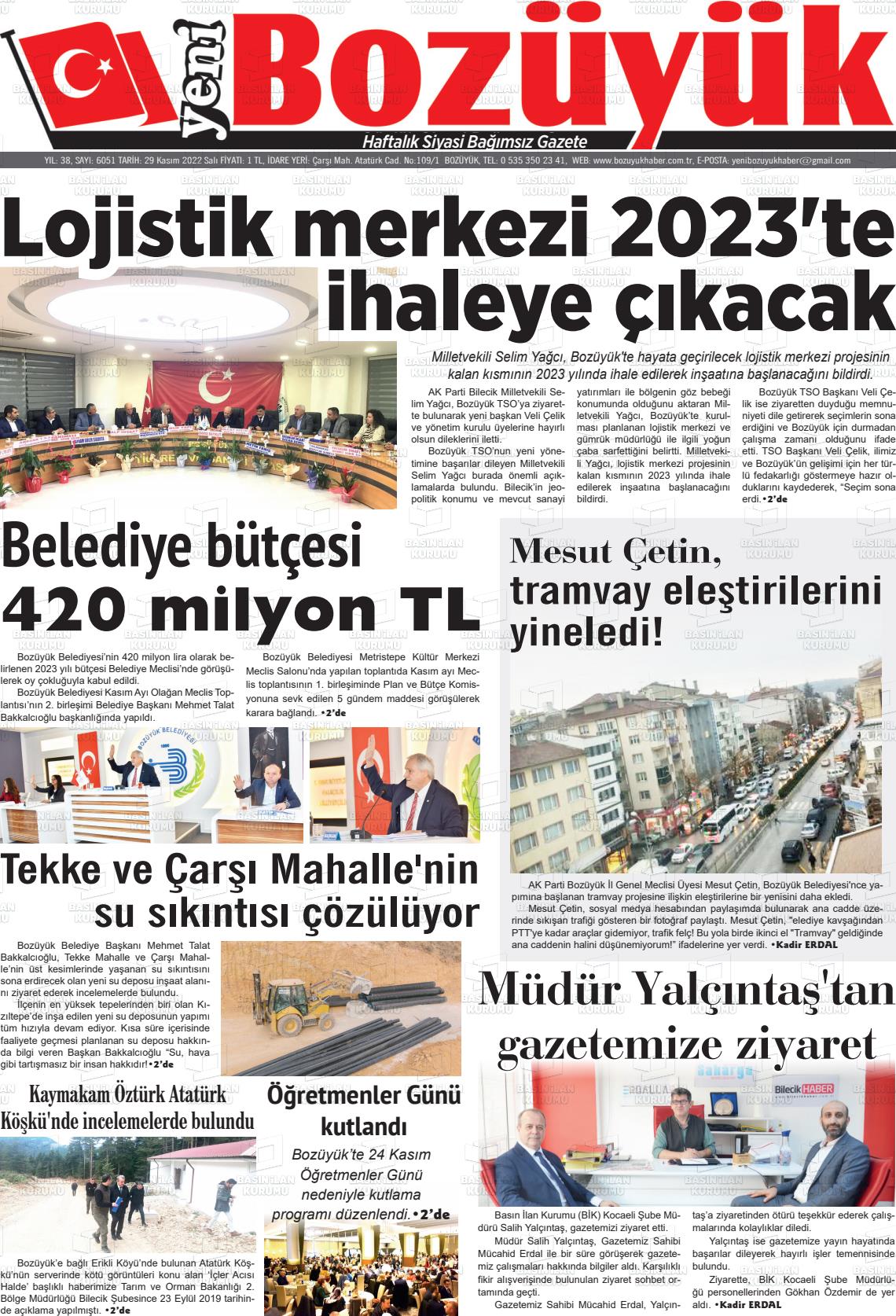 29 Kasım 2022 Yeni Bozüyük Gazete Manşeti