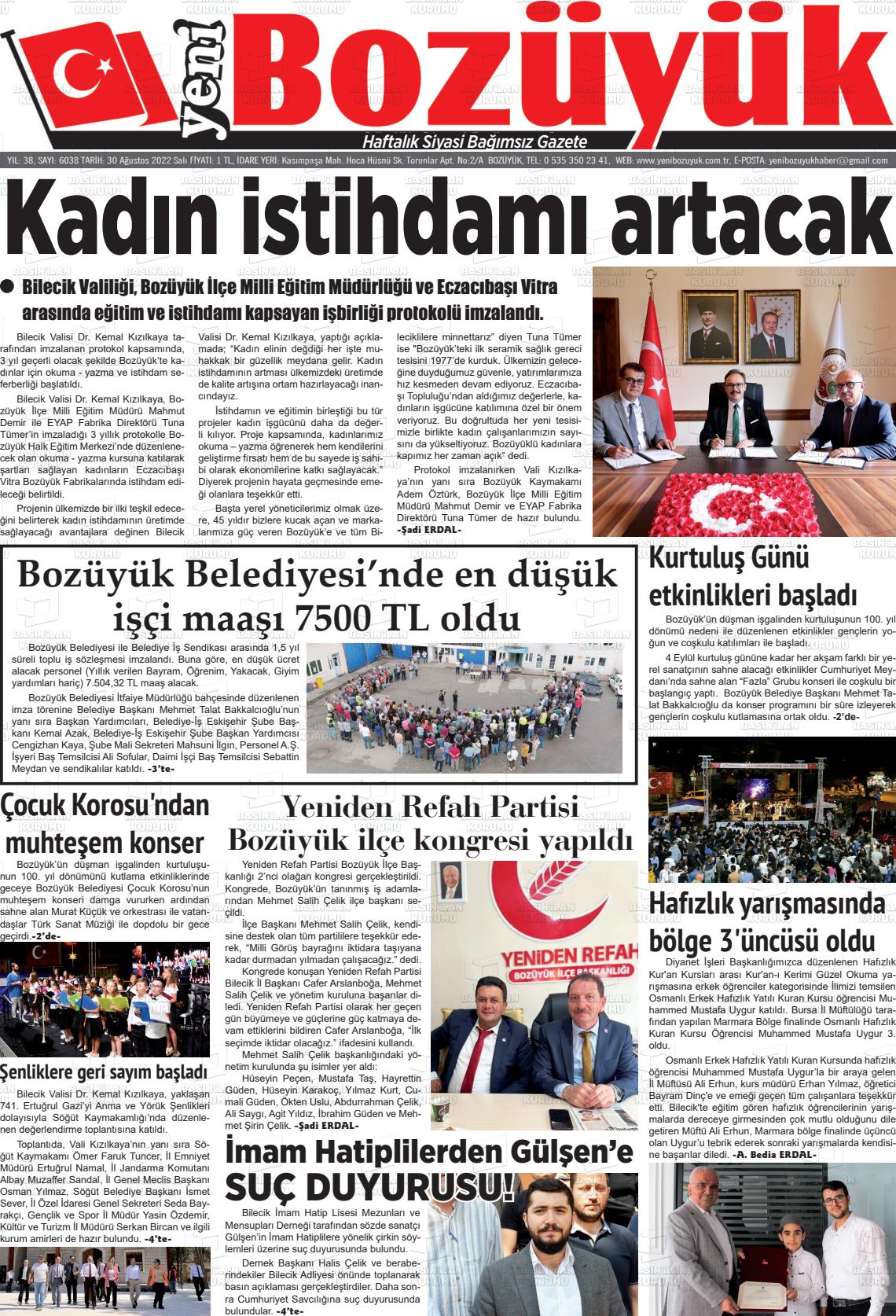 30 Ağustos 2022 Yeni Bozüyük Gazete Manşeti