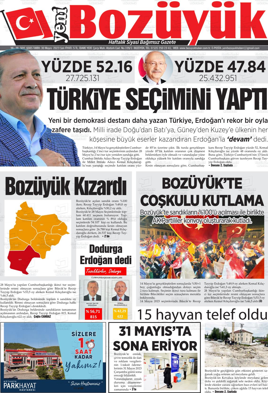 30 Mayıs 2023 Yeni Bozüyük Gazete Manşeti