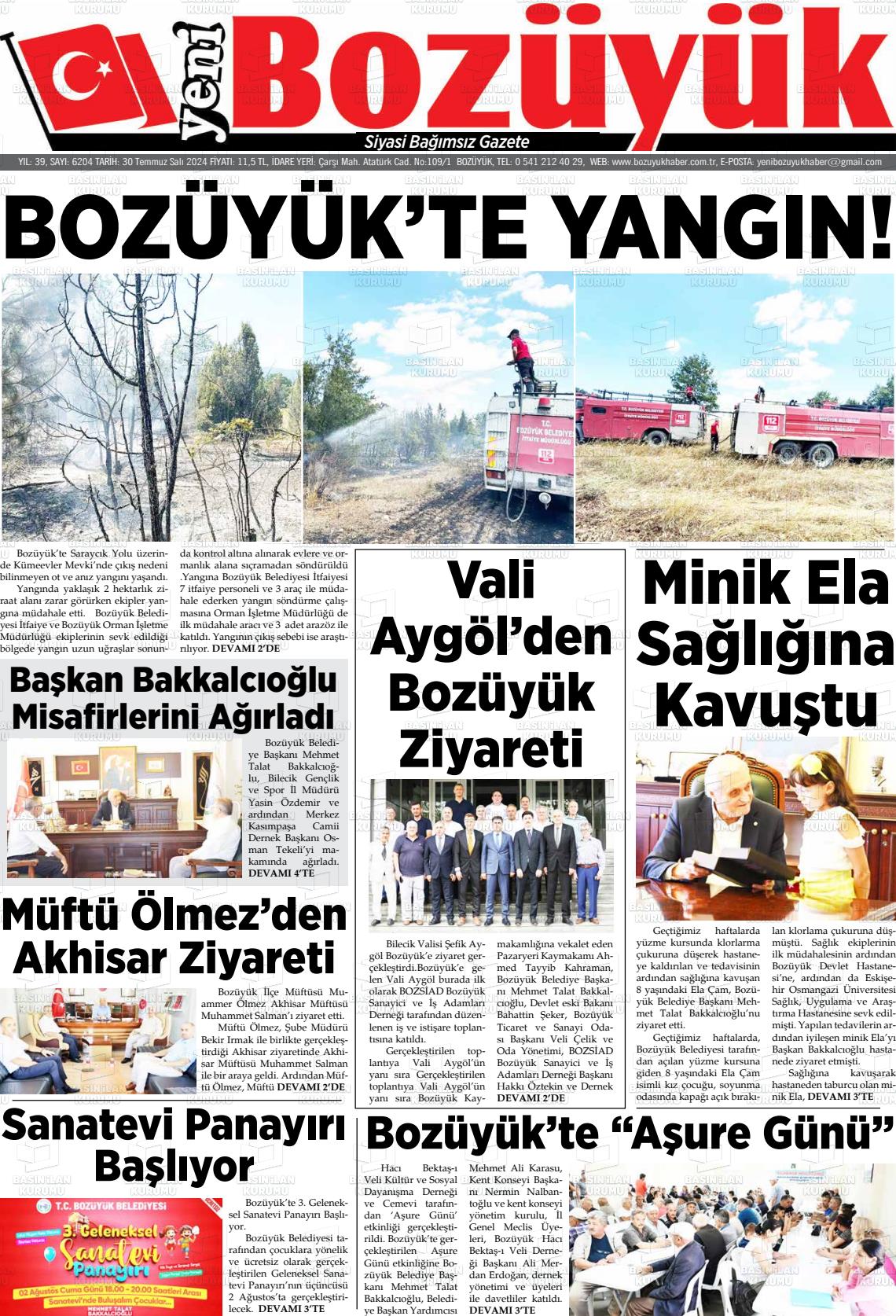 30 Temmuz 2024 Yeni Bozüyük Gazete Manşeti