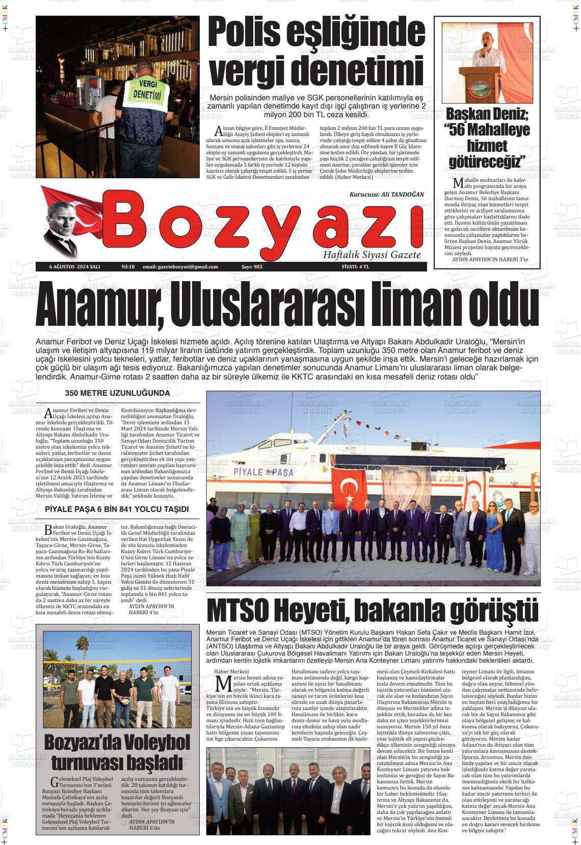 06 Ağustos 2024 Bozyazi Gazete Manşeti