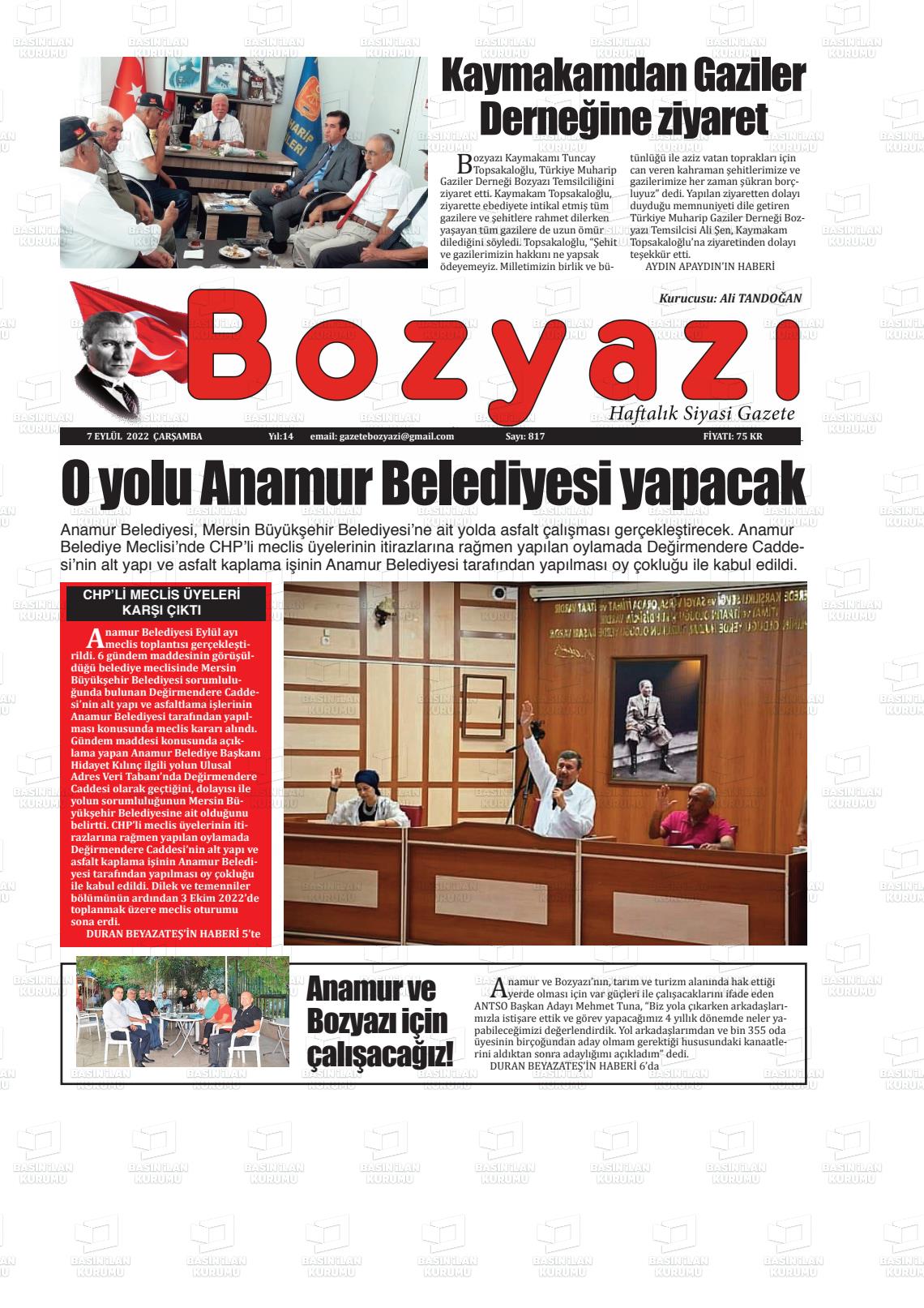 07 Eylül 2022 Bozyazi Gazete Manşeti