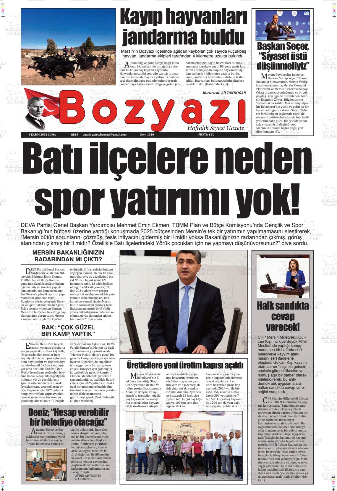 08 Kasım 2024 Bozyazi Gazete Manşeti