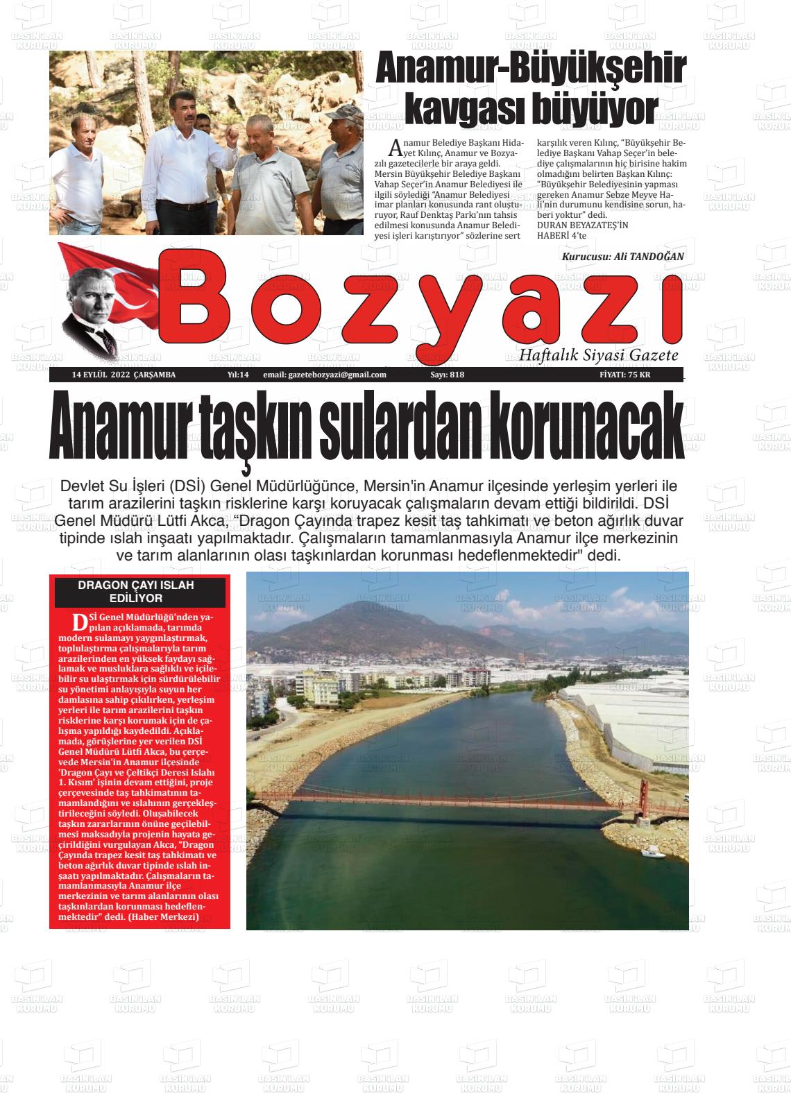 14 Eylül 2022 Bozyazi Gazete Manşeti