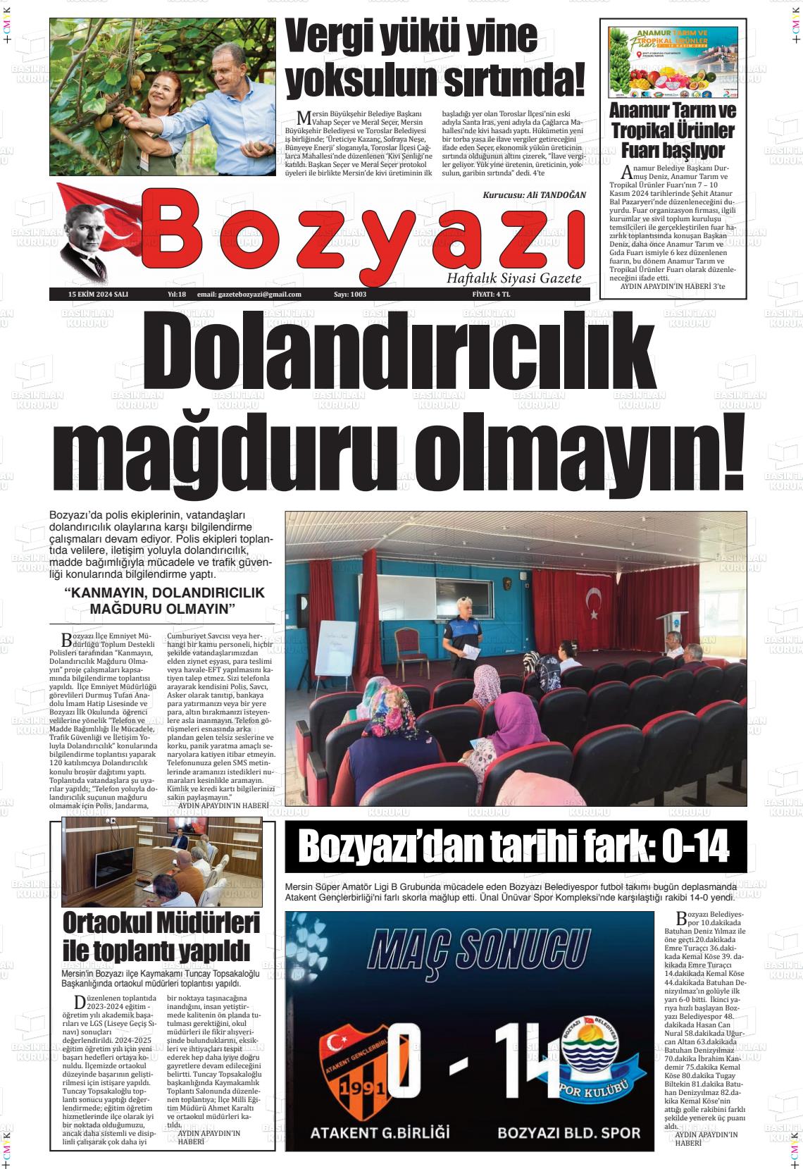 15 Ekim 2024 Bozyazi Gazete Manşeti