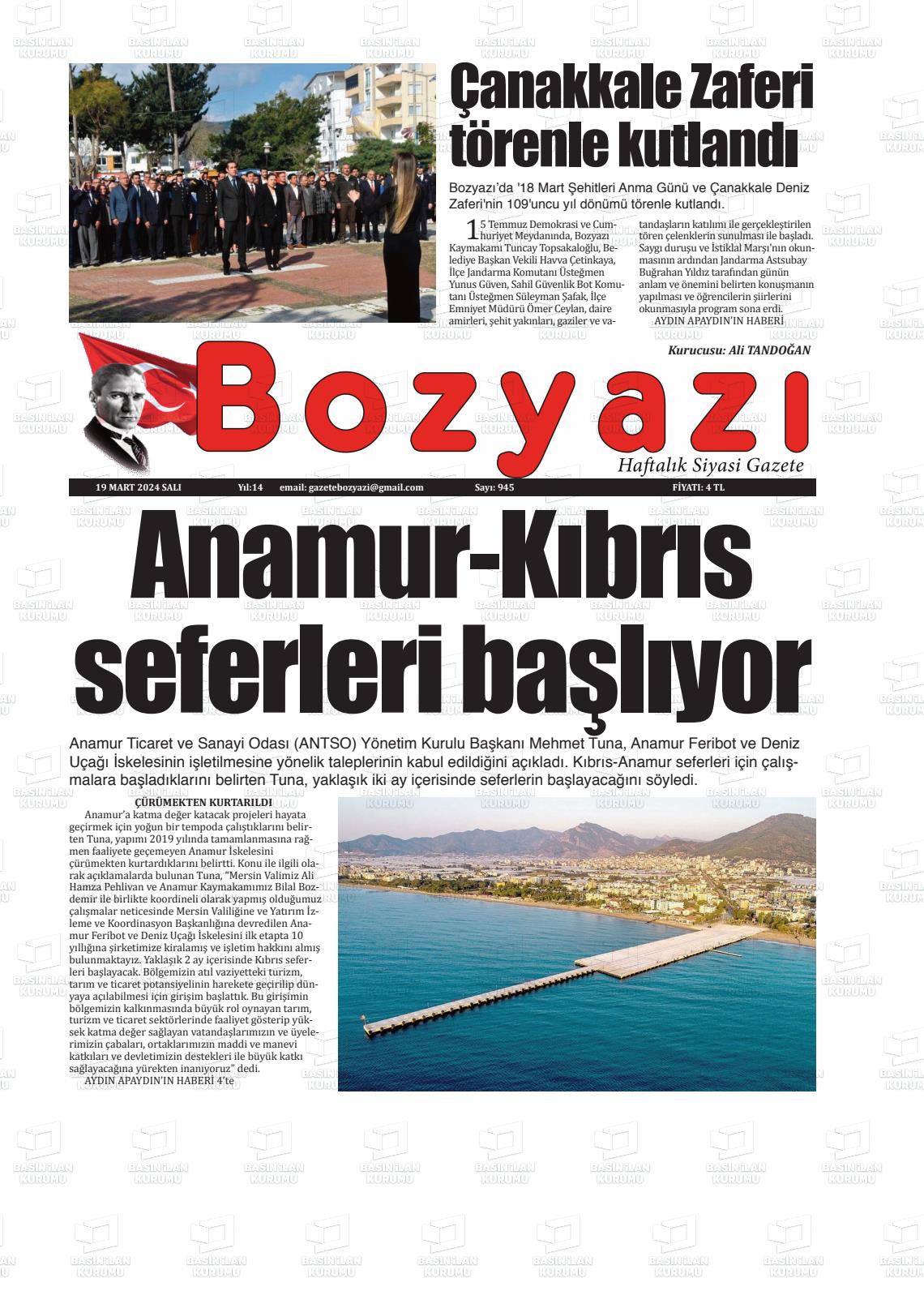 19 Mart 2024 Bozyazi Gazete Manşeti