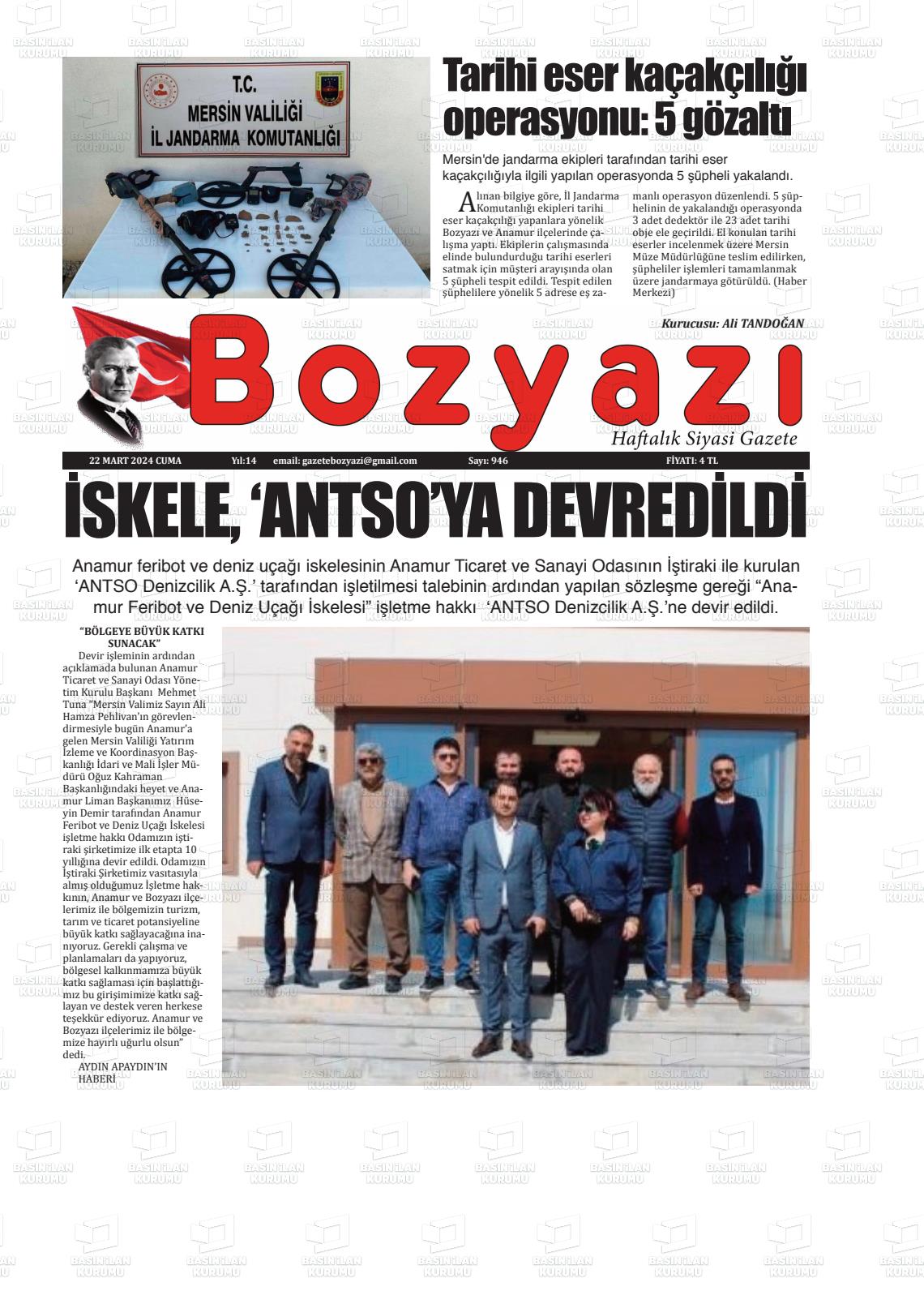 22 Mart 2024 Bozyazi Gazete Manşeti