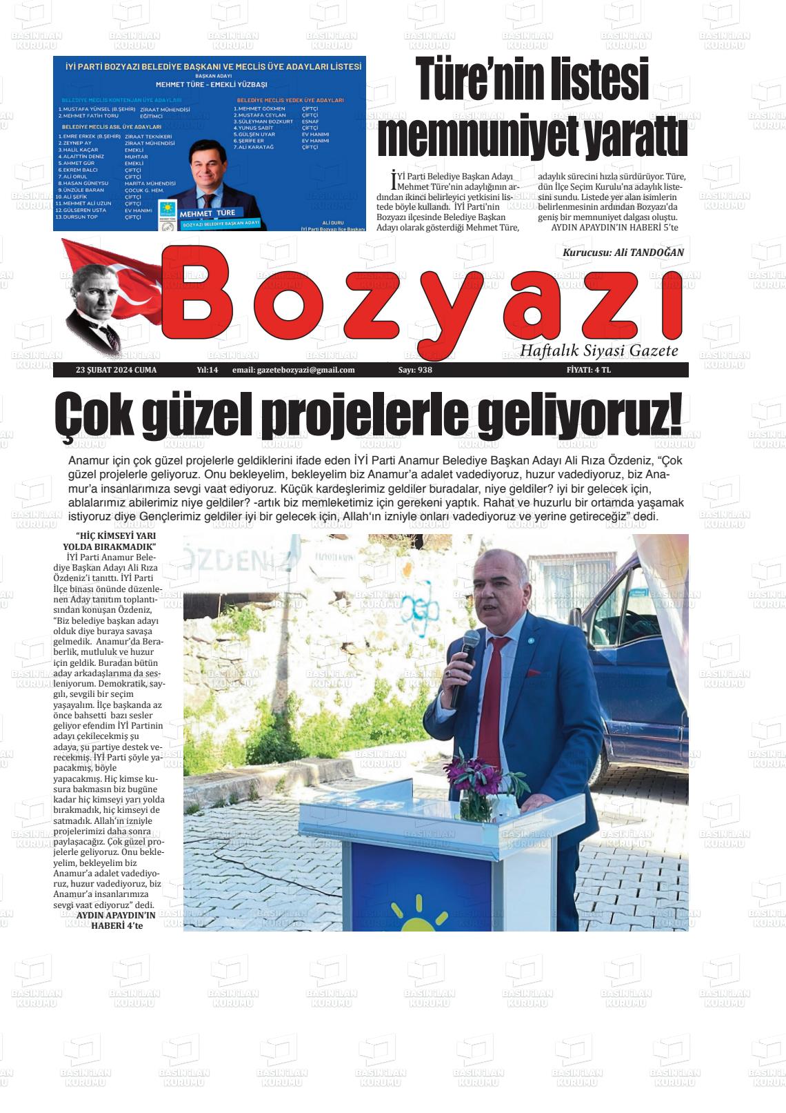 23 Şubat 2024 Bozyazi Gazete Manşeti