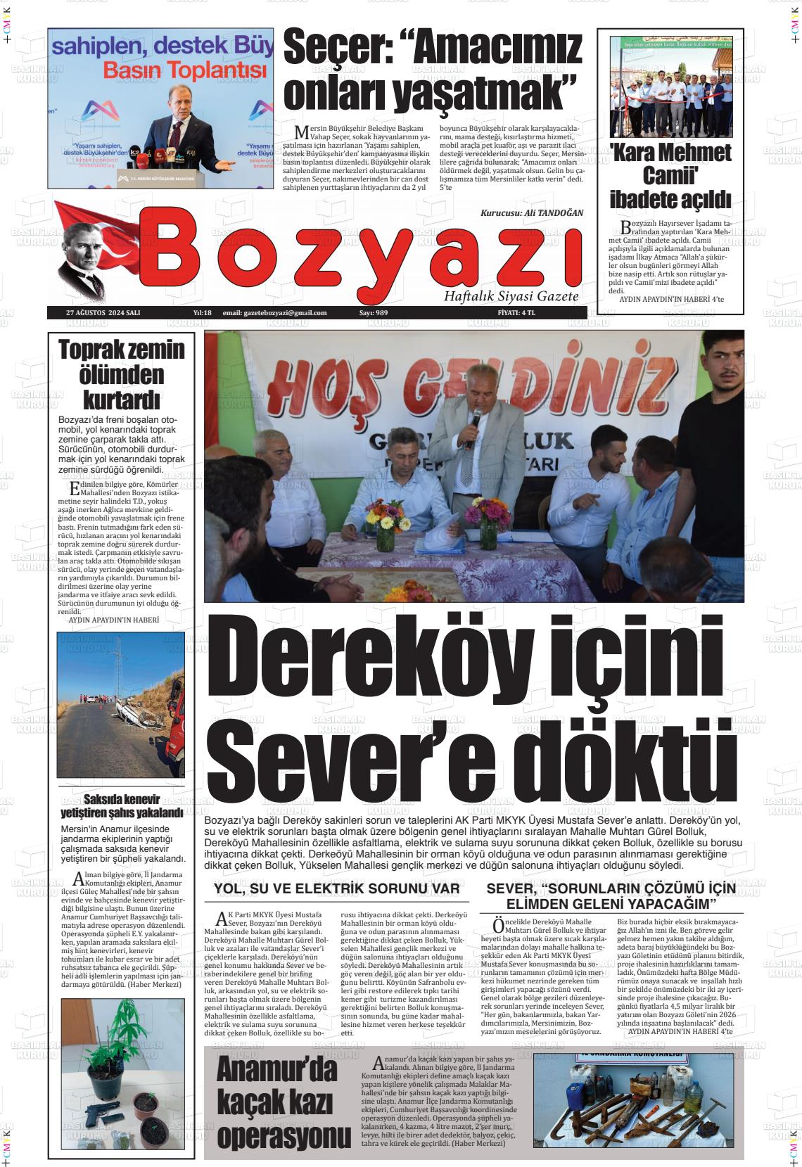 27 Ağustos 2024 Bozyazi Gazete Manşeti