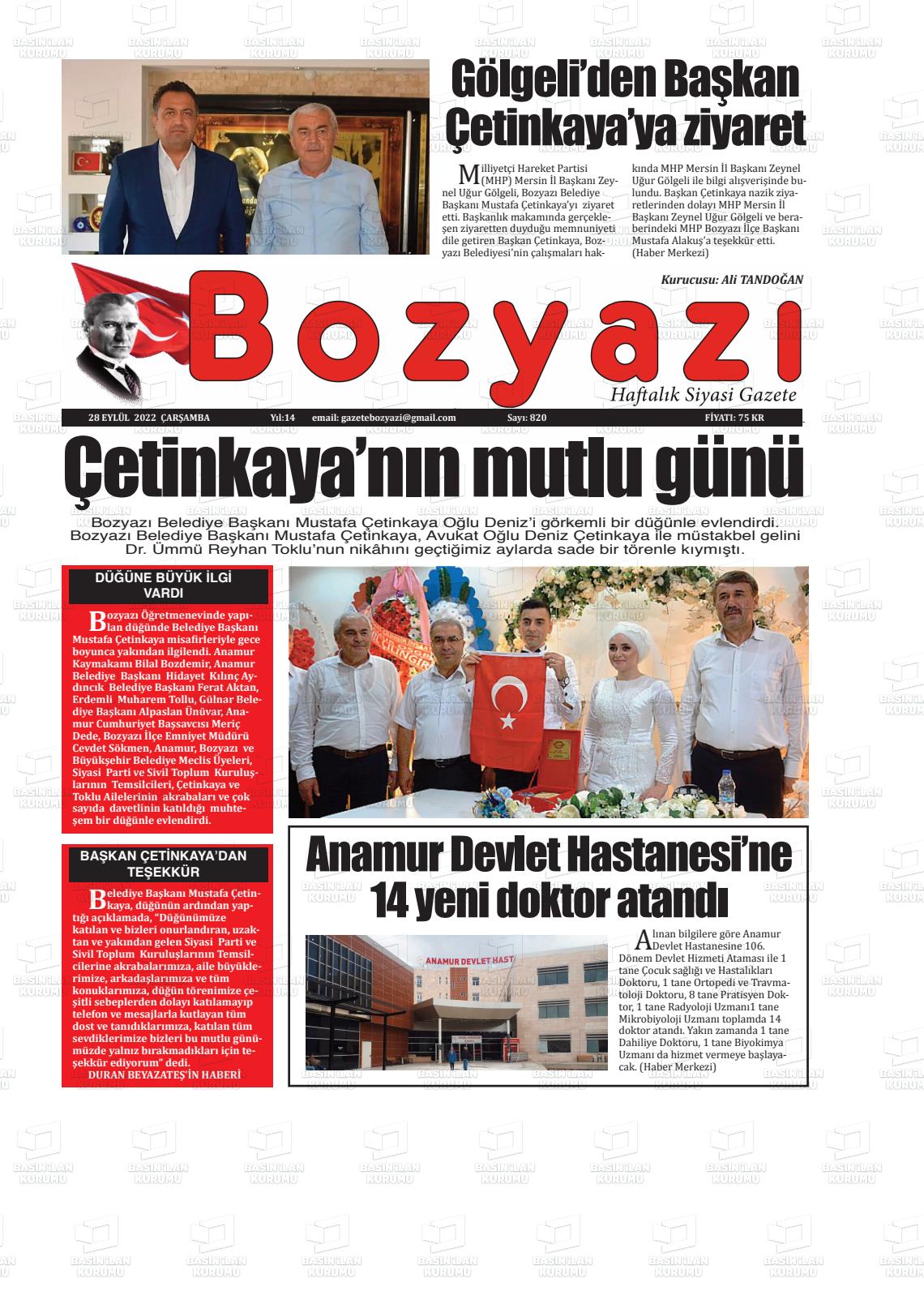 28 Eylül 2022 Bozyazi Gazete Manşeti