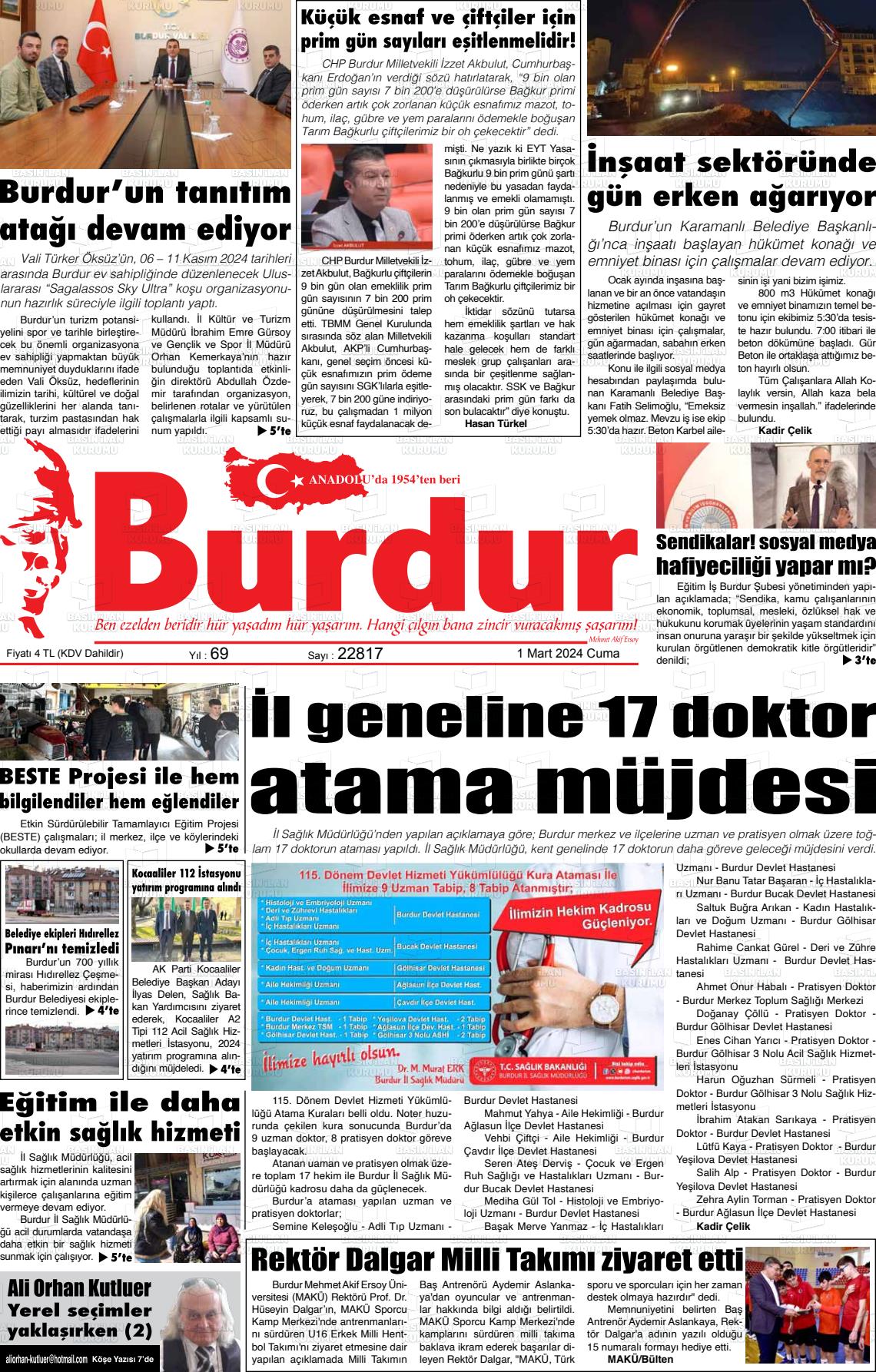 01 Mart 2024 Burdur Gazete Manşeti