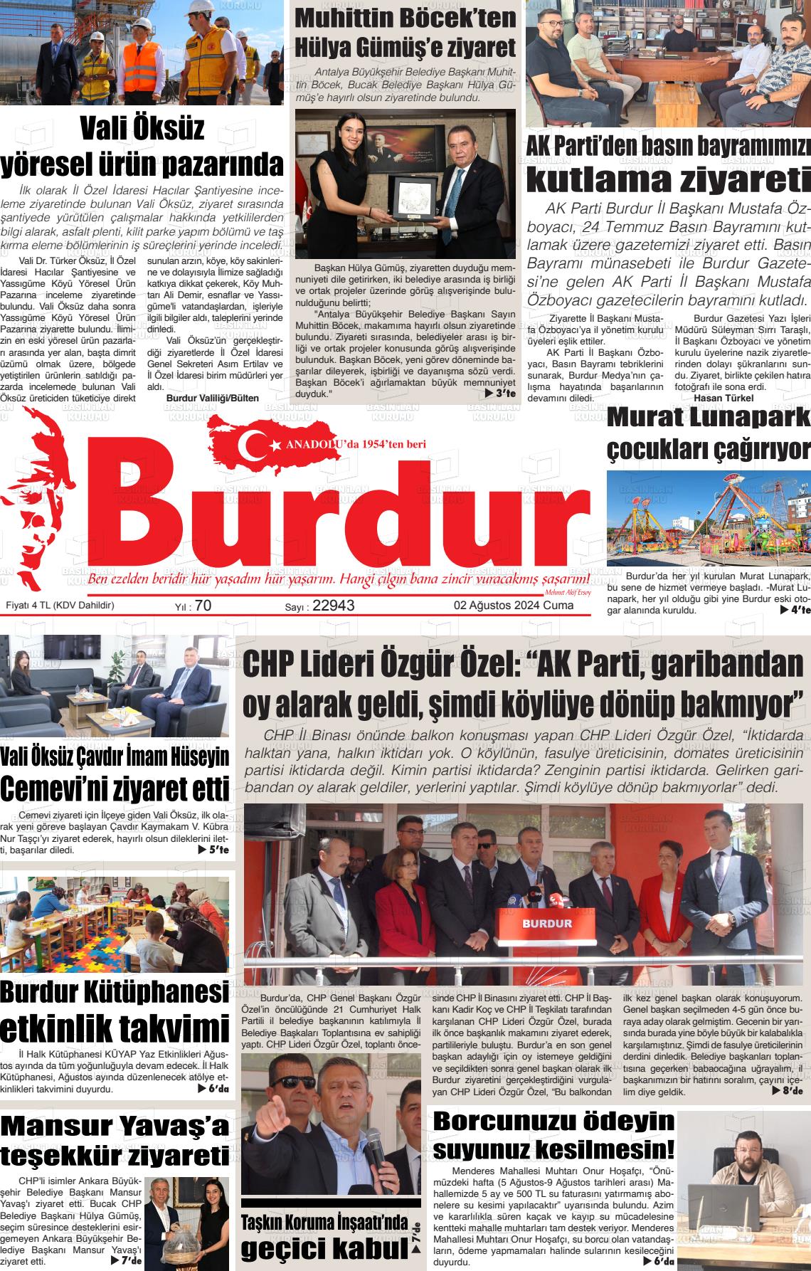 02 Ağustos 2024 Burdur Gazete Manşeti