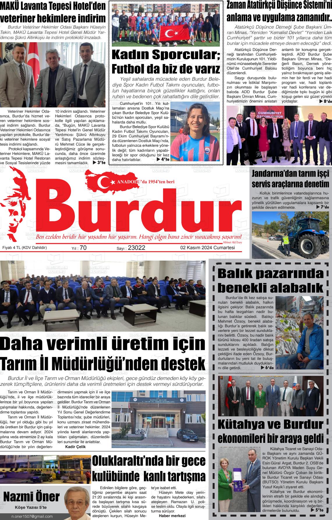 02 Kasım 2024 Burdur Gazete Manşeti