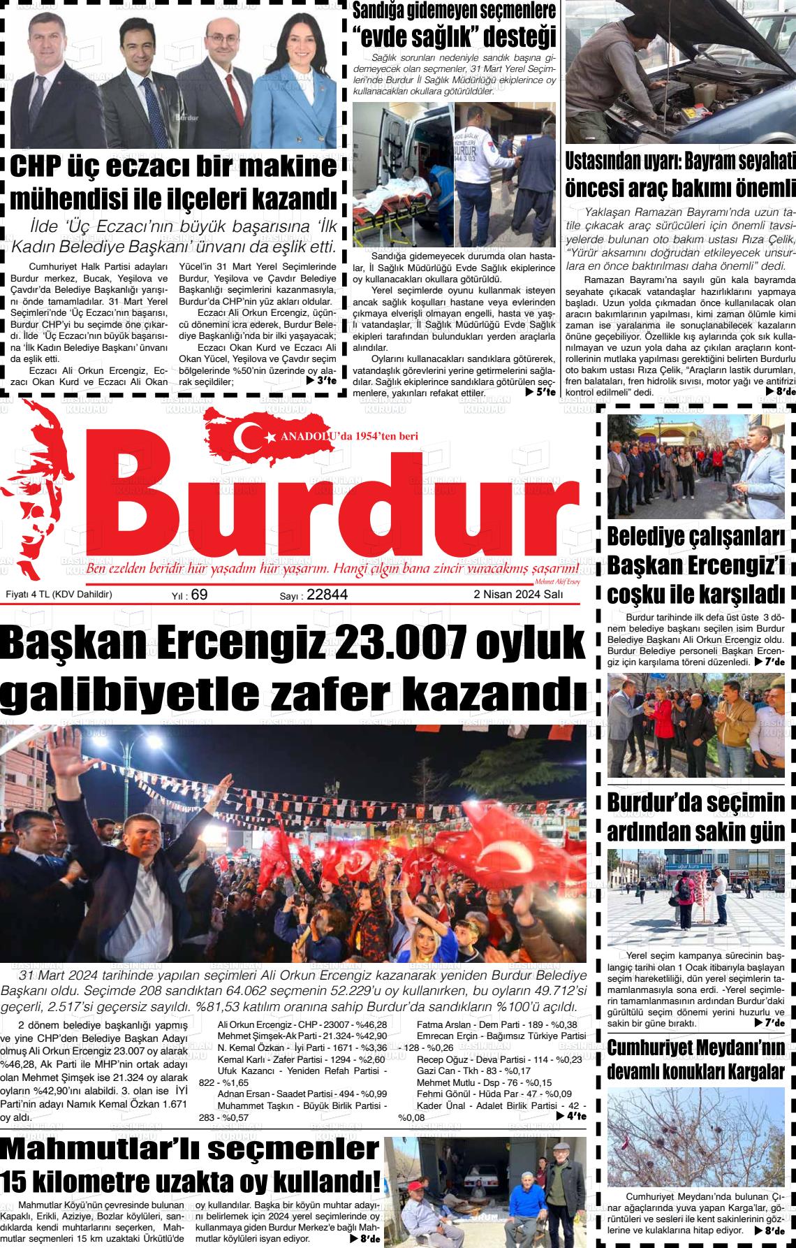 02 Nisan 2024 Burdur Gazete Manşeti