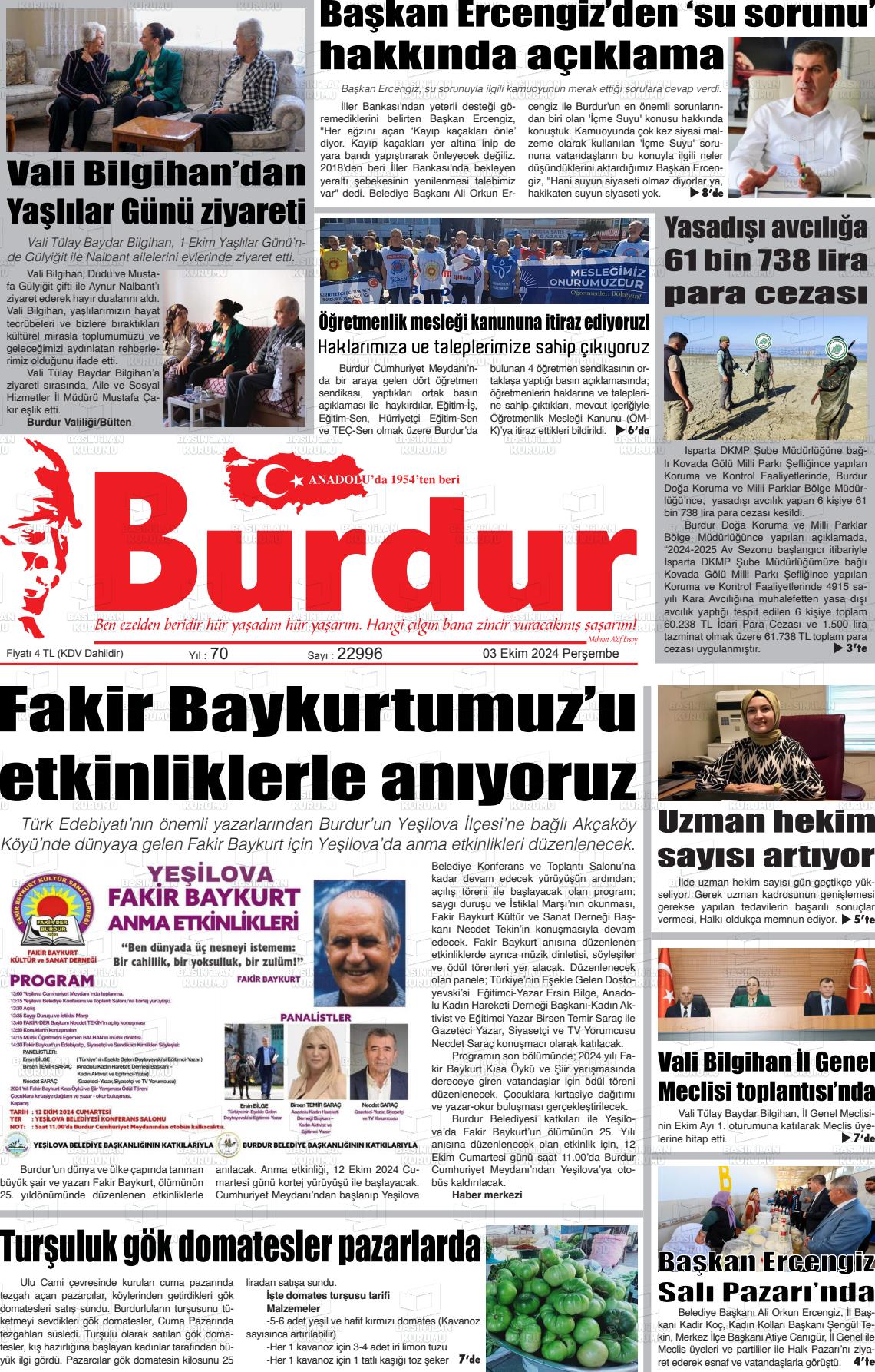 03 Ekim 2024 Burdur Gazete Manşeti