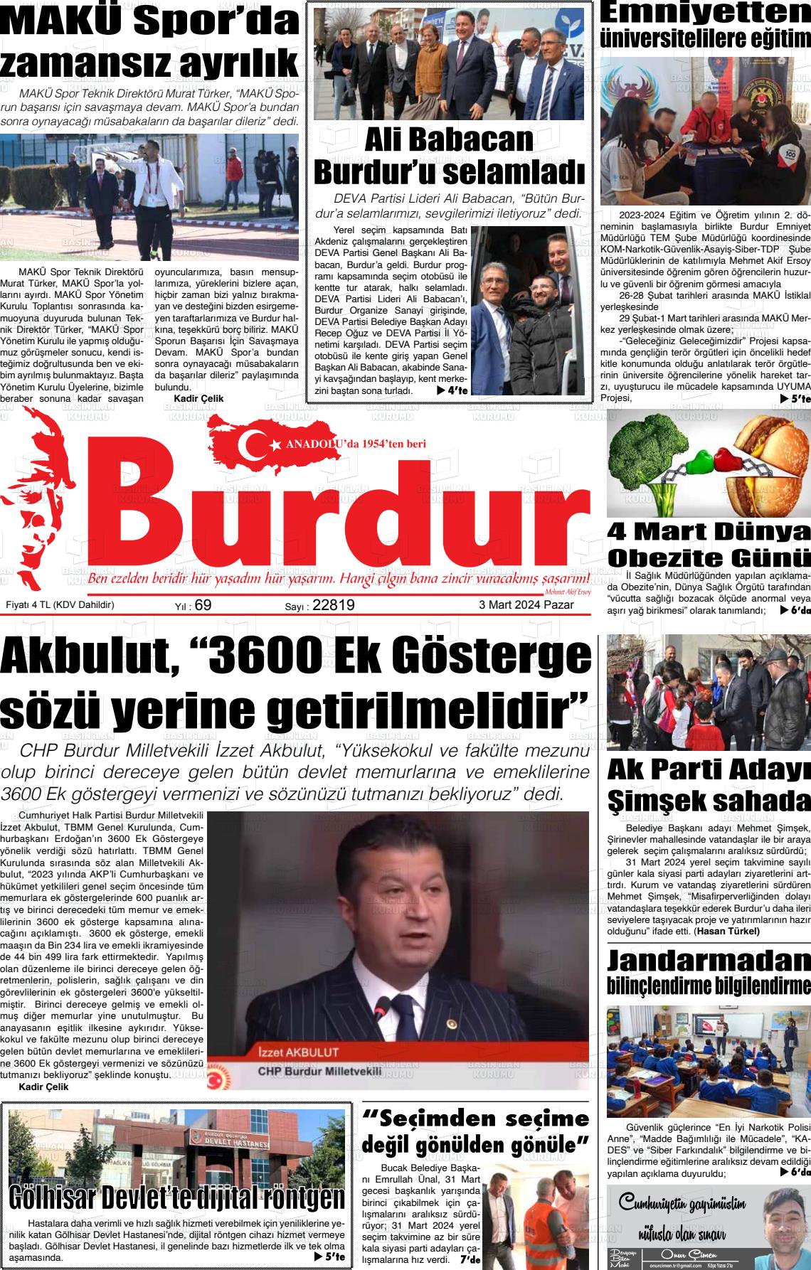 03 Mart 2024 Burdur Gazete Manşeti