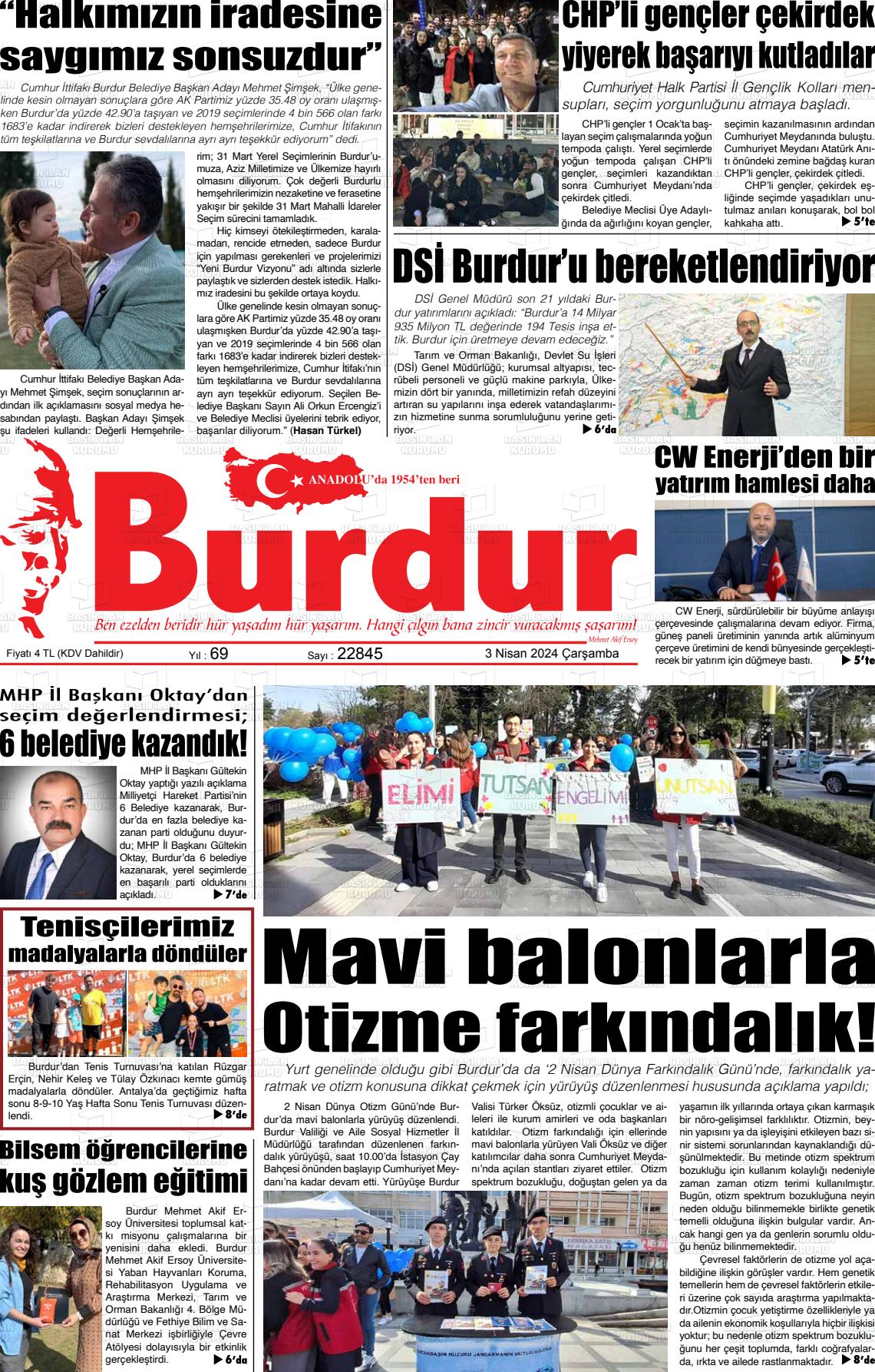 03 Nisan 2024 Burdur Gazete Manşeti