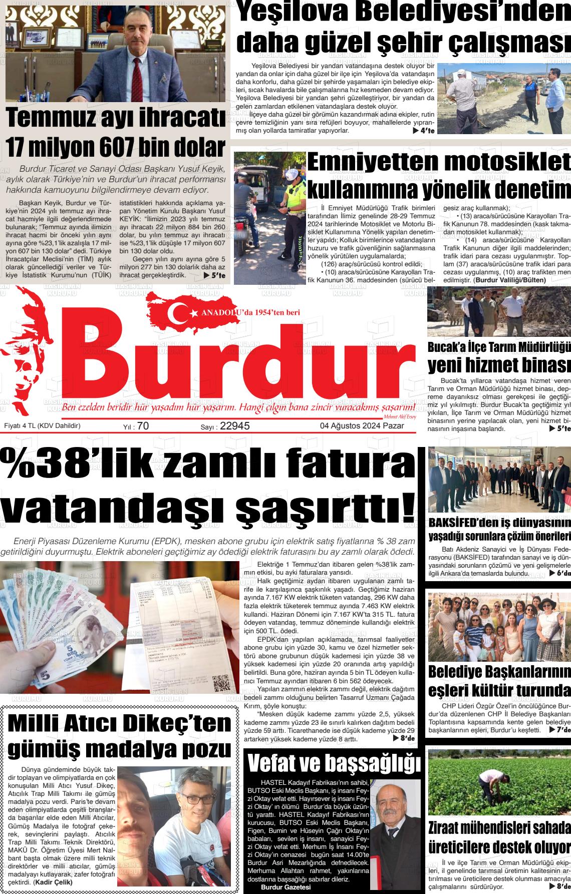 04 Ağustos 2024 Burdur Gazete Manşeti