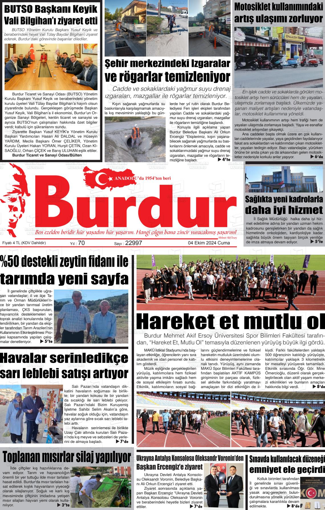 04 Ekim 2024 Burdur Gazete Manşeti