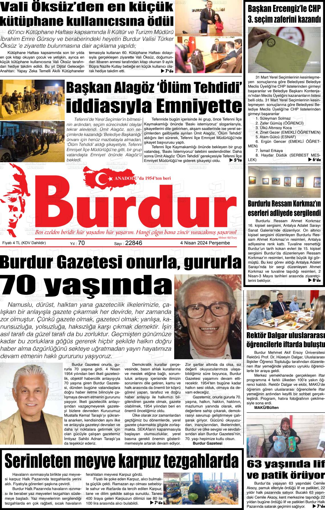 04 Nisan 2024 Burdur Gazete Manşeti