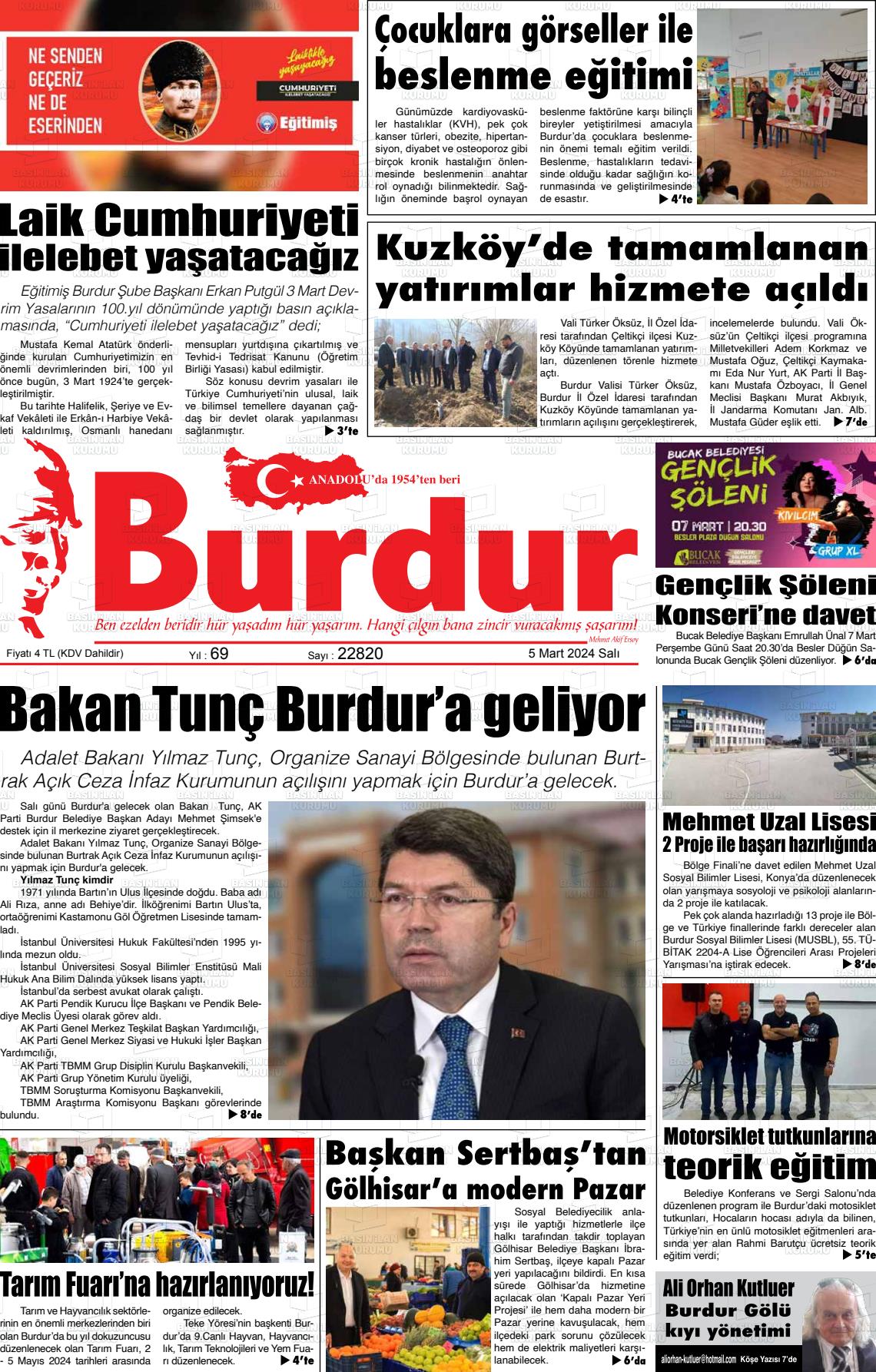 07 Mart 2024 Burdur Gazete Manşeti