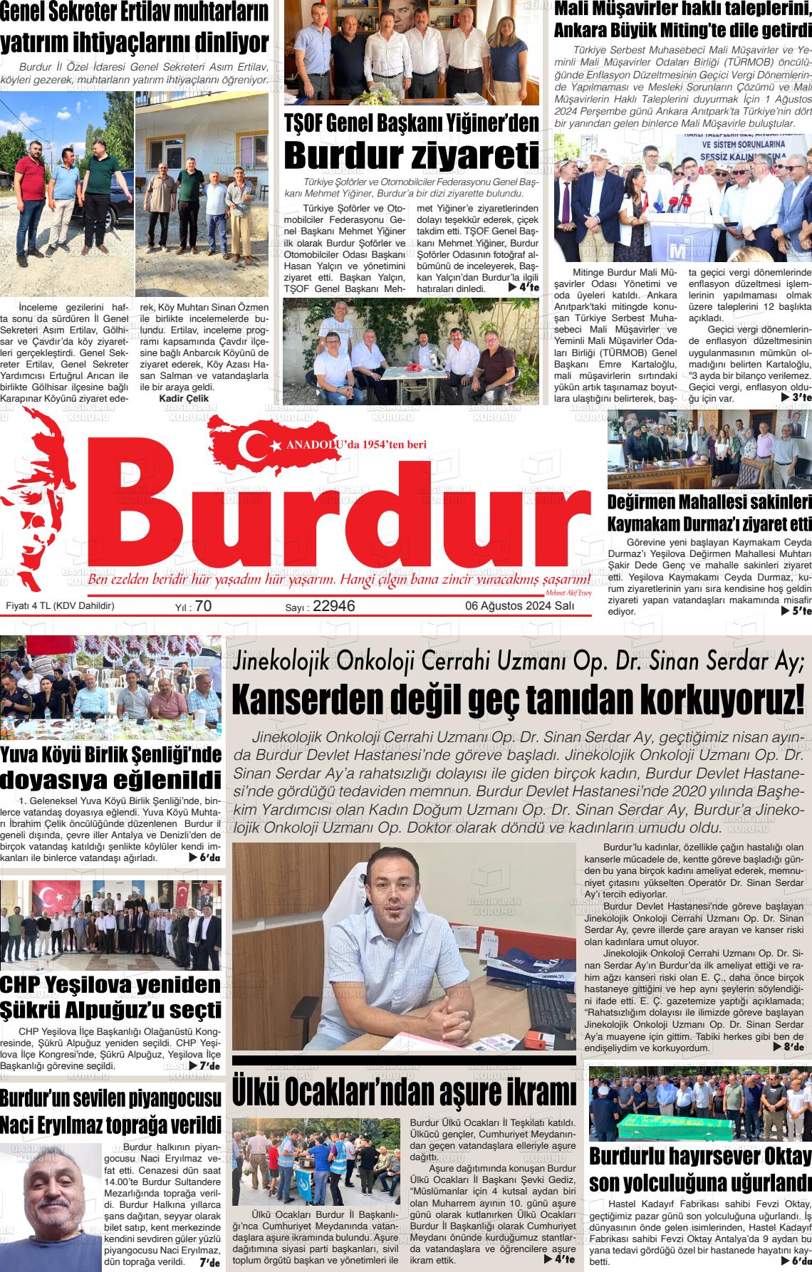 06 Ağustos 2024 Burdur Gazete Manşeti