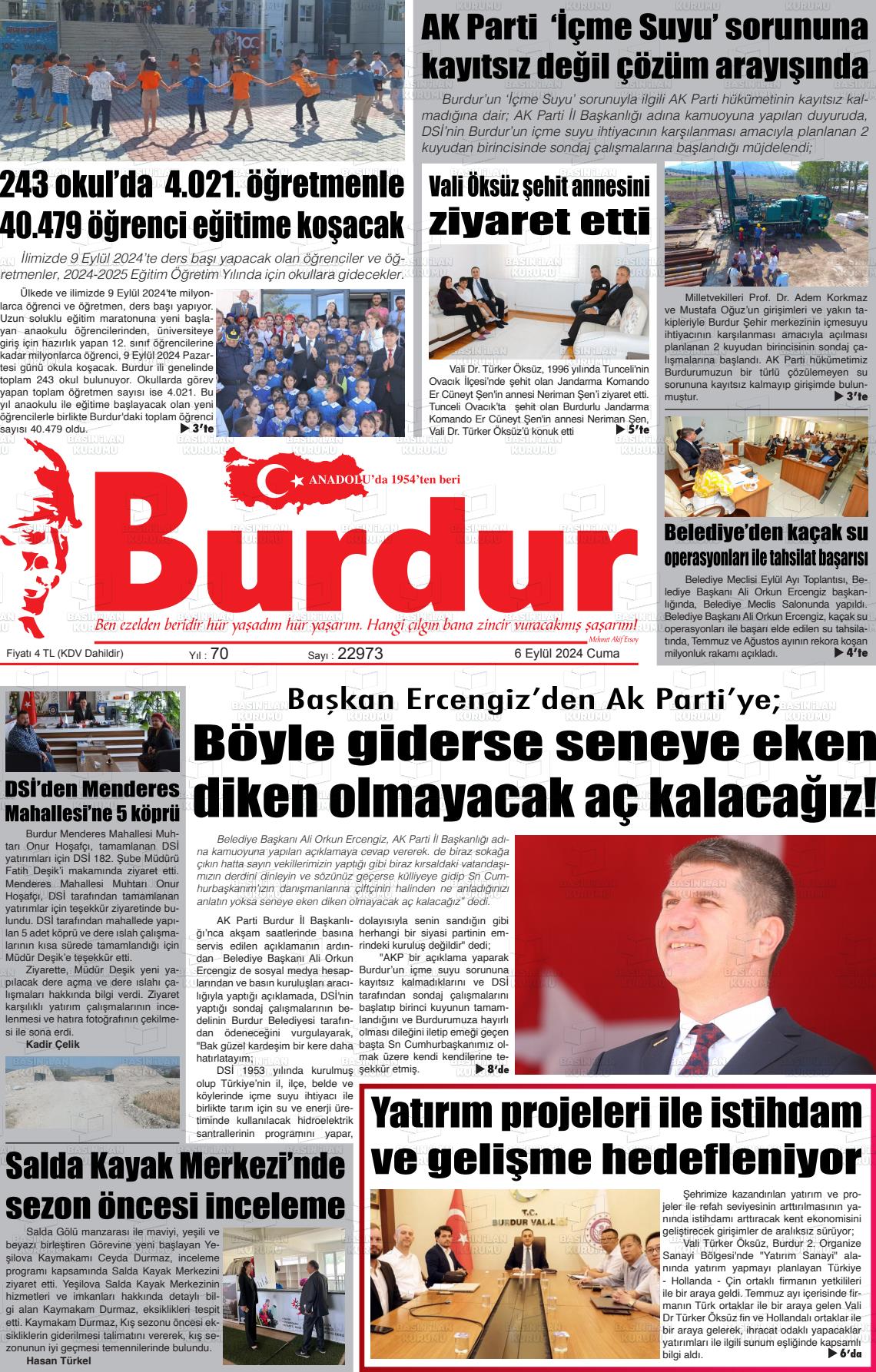 06 Eylül 2024 Burdur Gazete Manşeti