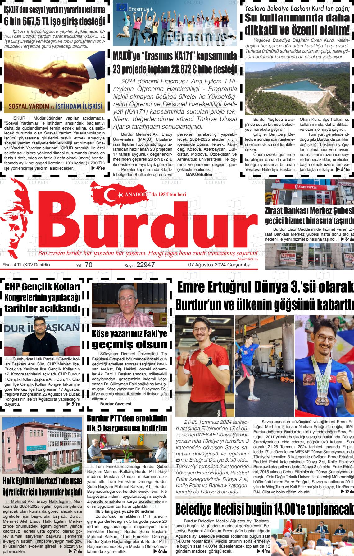 07 Ağustos 2024 Burdur Gazete Manşeti