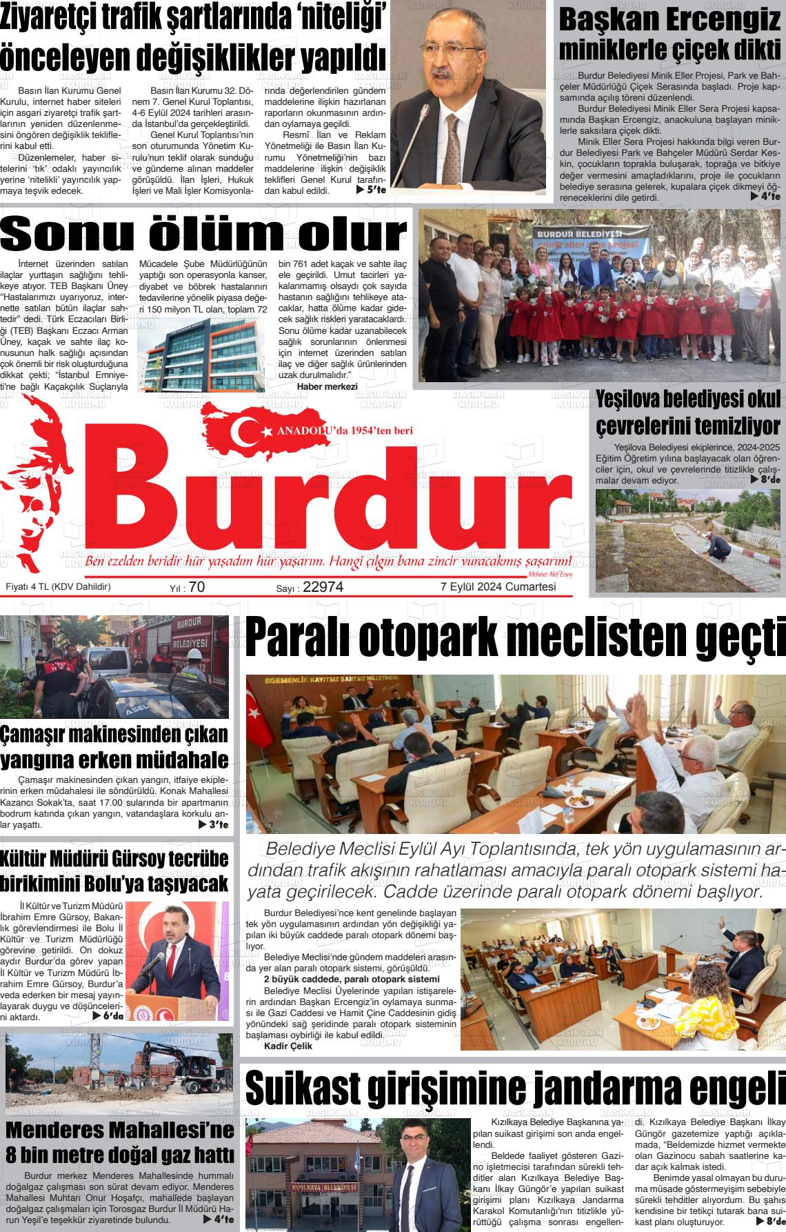 07 Eylül 2024 Burdur Gazete Manşeti