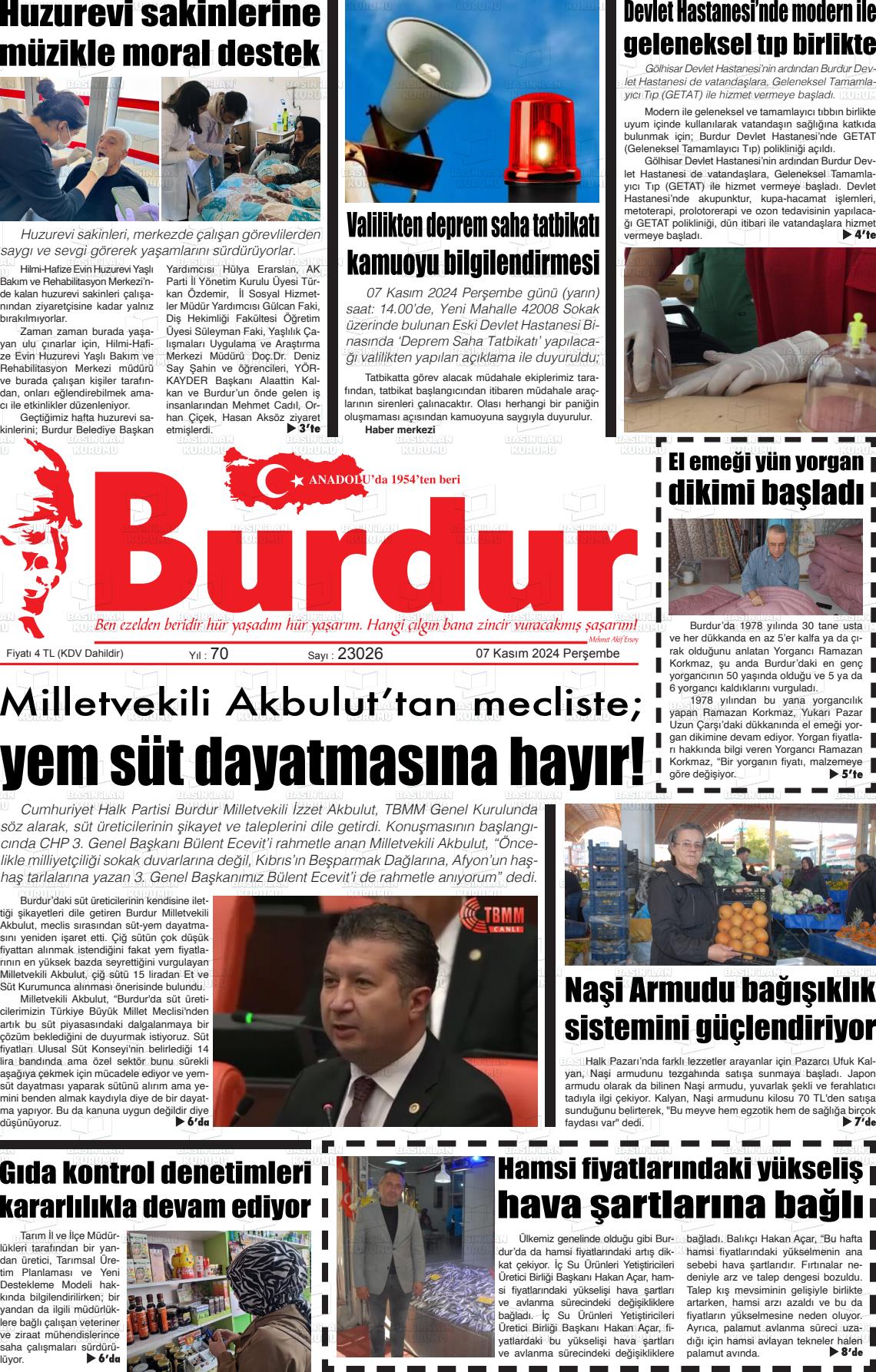 07 Kasım 2024 Burdur Gazete Manşeti