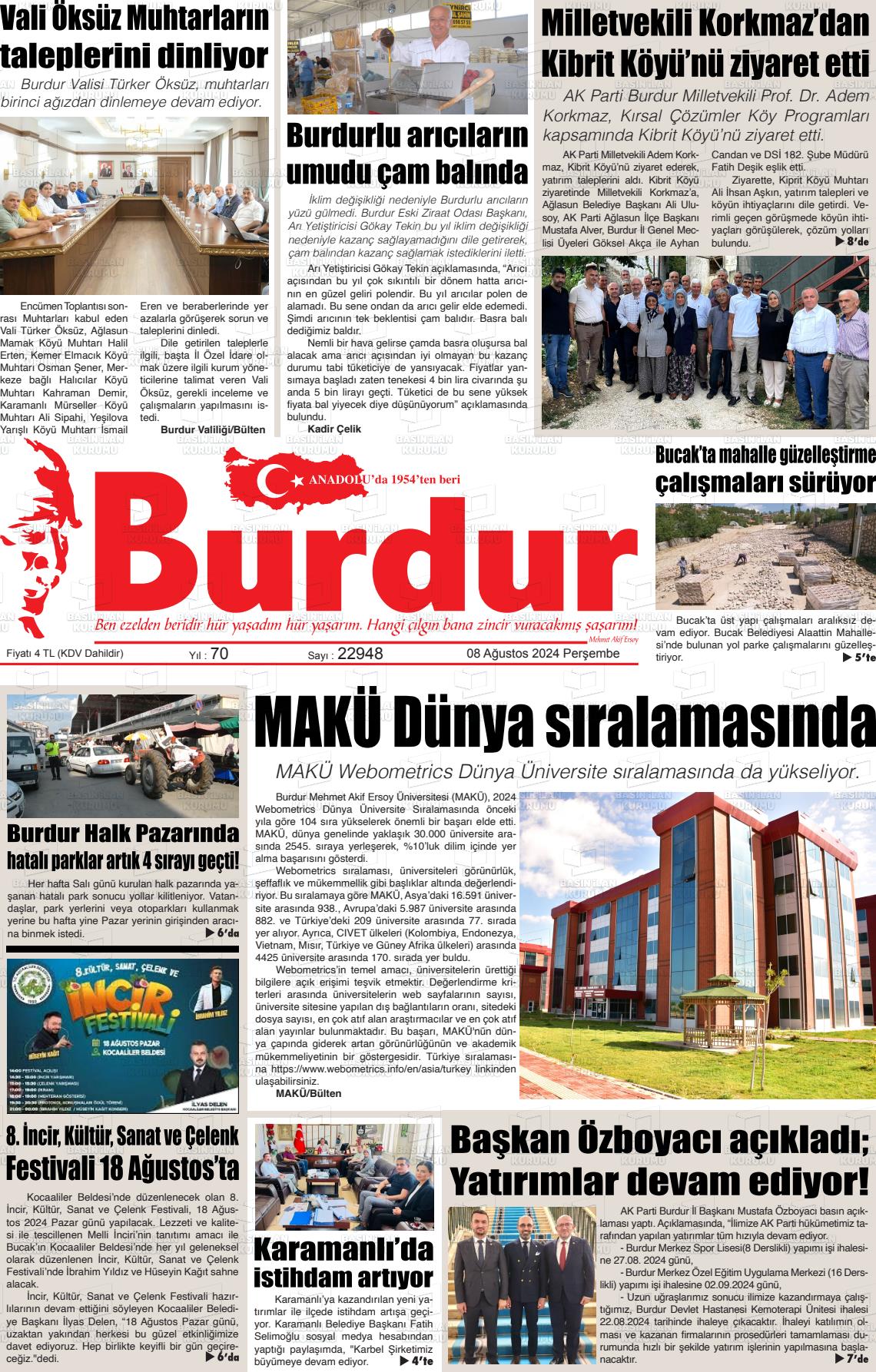 08 Ağustos 2024 Burdur Gazete Manşeti