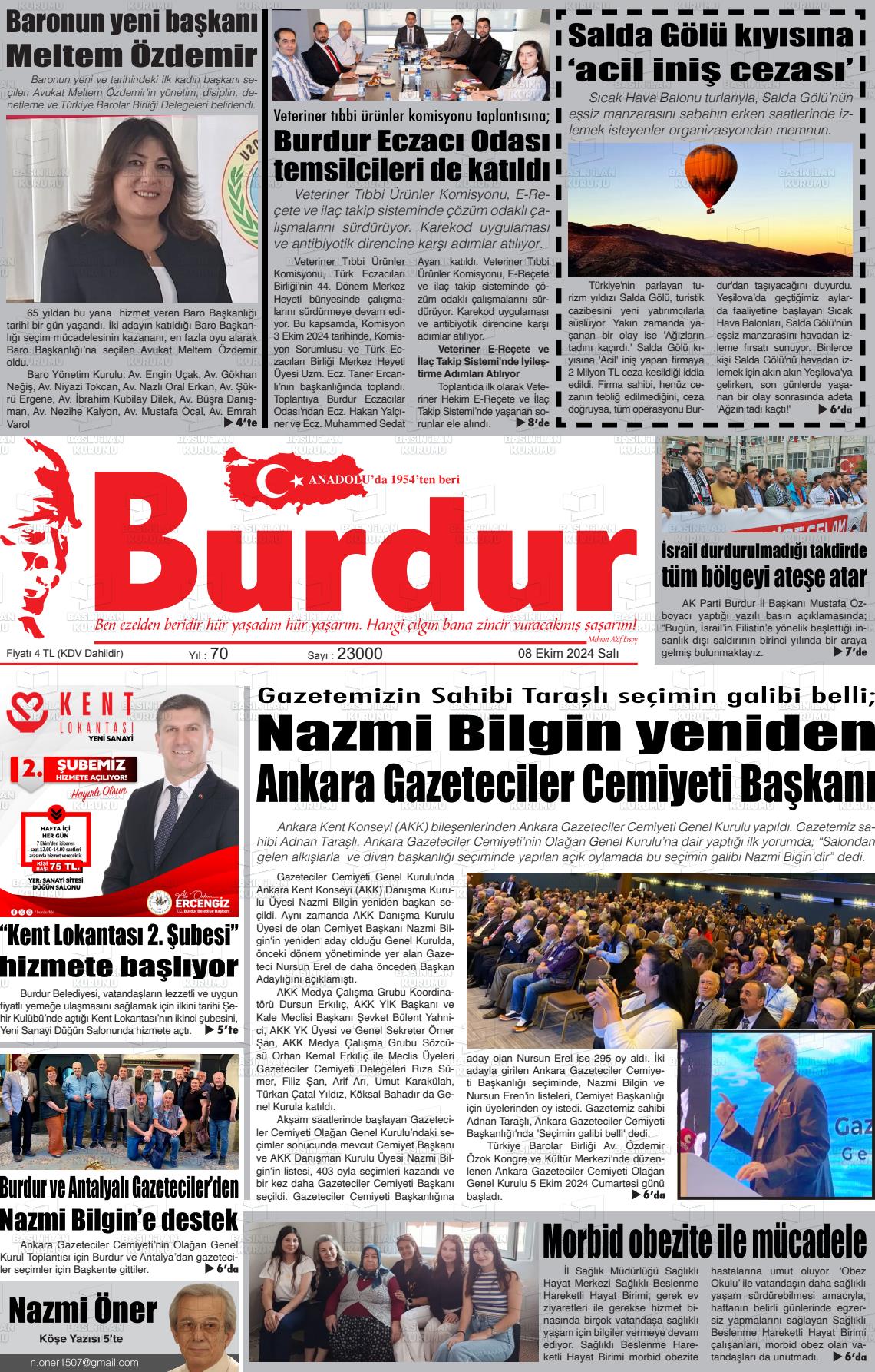 08 Ekim 2024 Burdur Gazete Manşeti