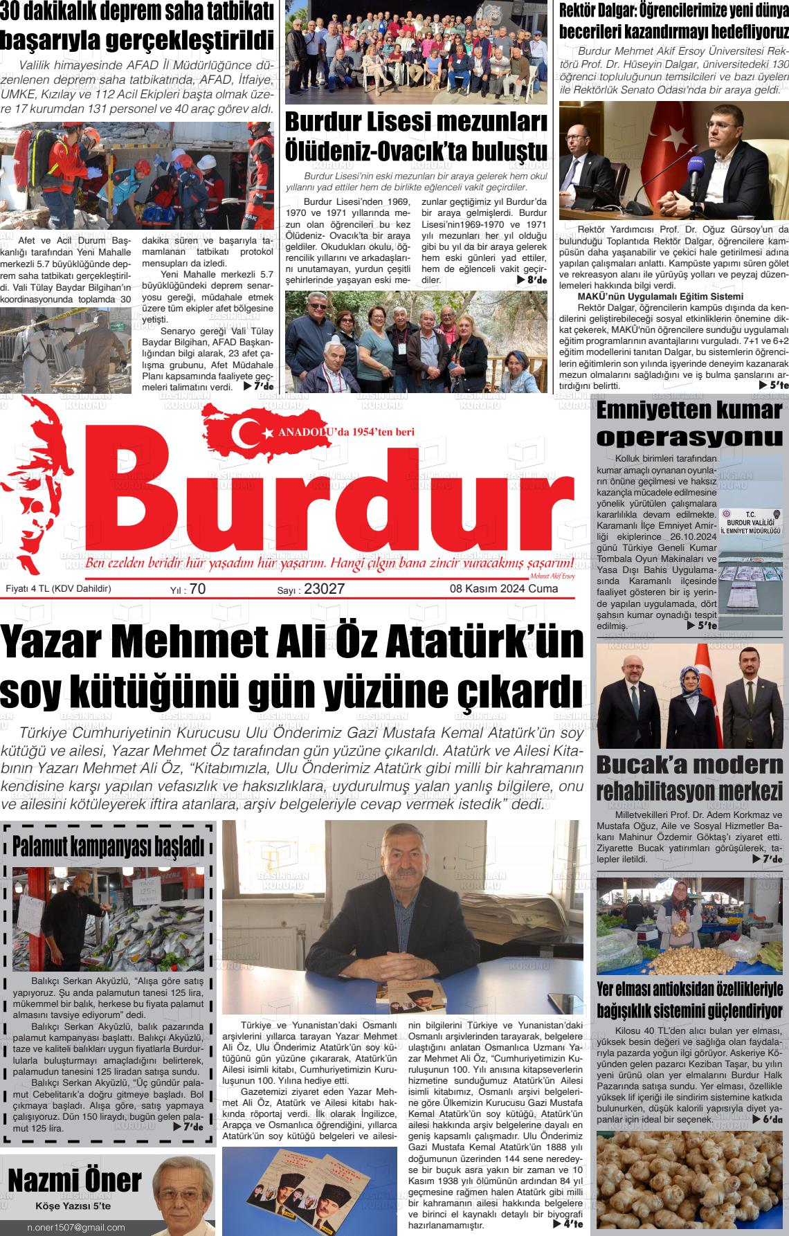 08 Kasım 2024 Burdur Gazete Manşeti