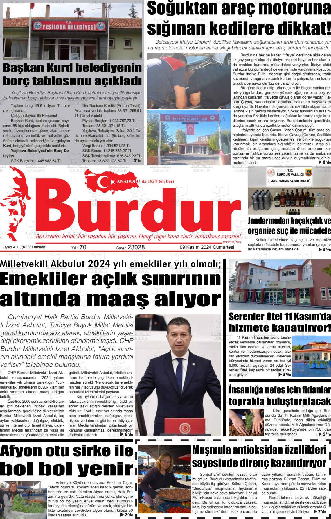 09 Kasım 2024 Burdur Gazete Manşeti