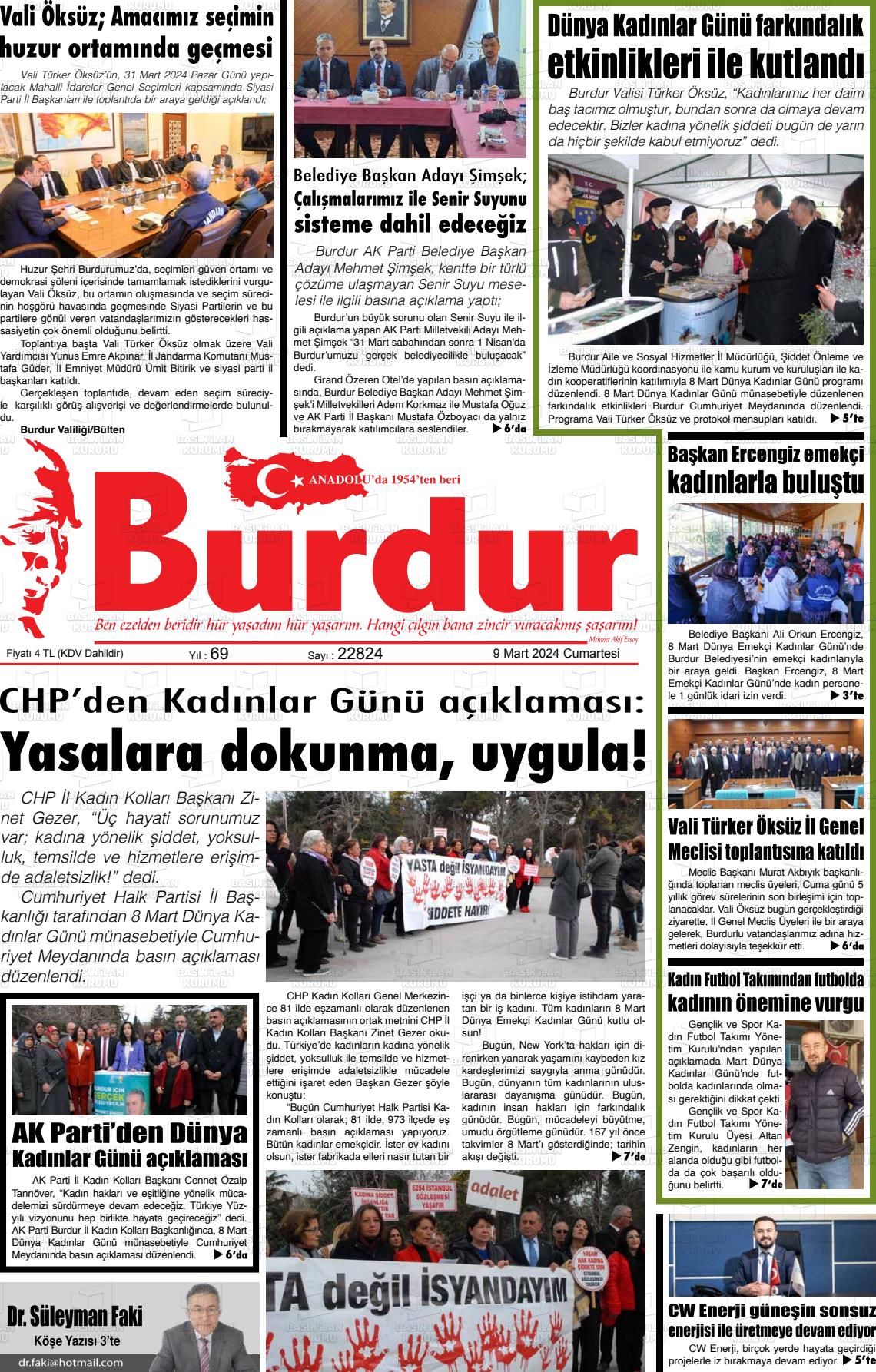 09 Mart 2024 Burdur Gazete Manşeti