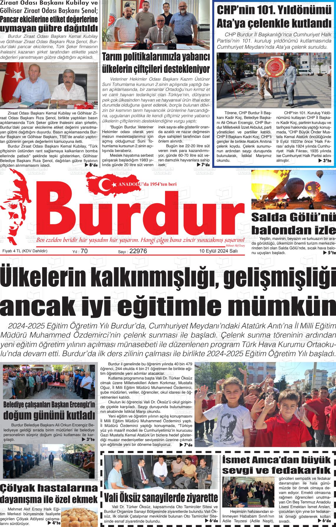 10 Eylül 2024 Burdur Gazete Manşeti