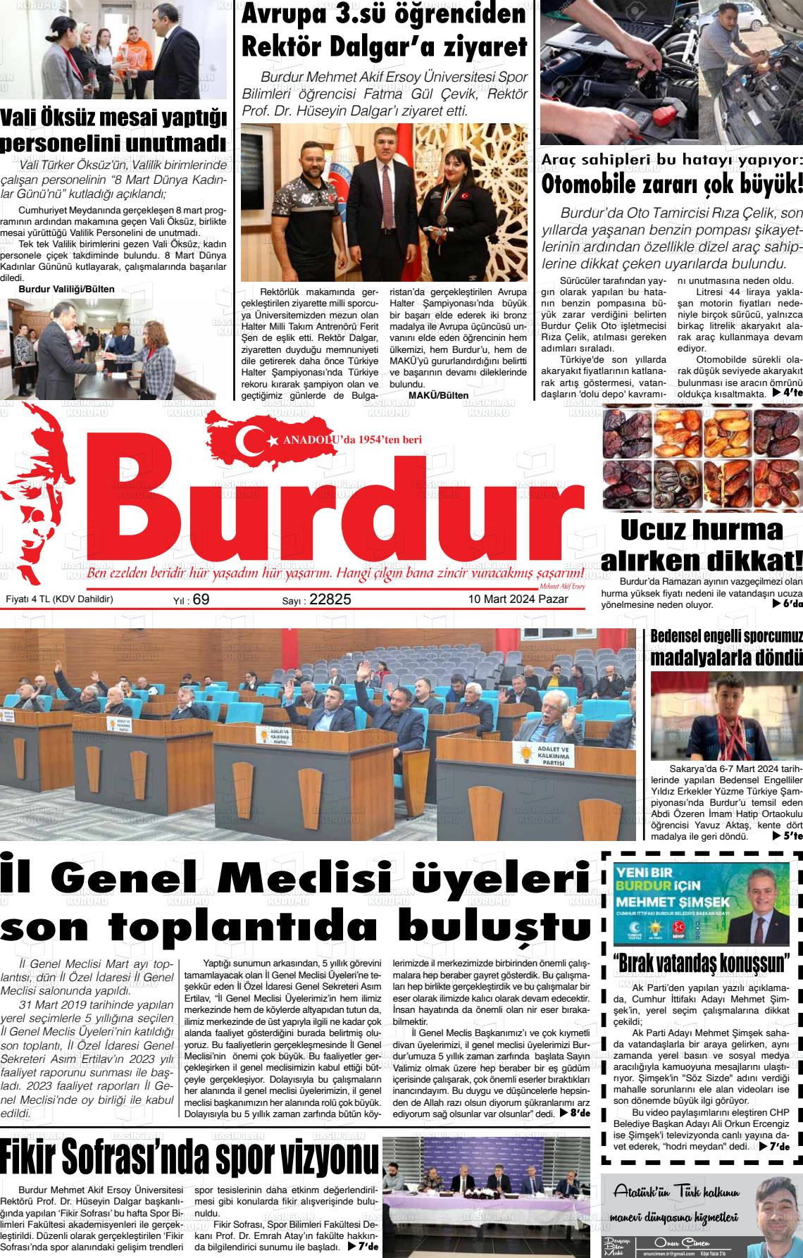 10 Mart 2024 Burdur Gazete Manşeti