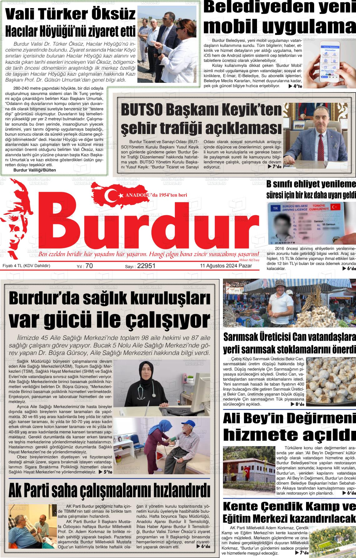 11 Ağustos 2024 Burdur Gazete Manşeti