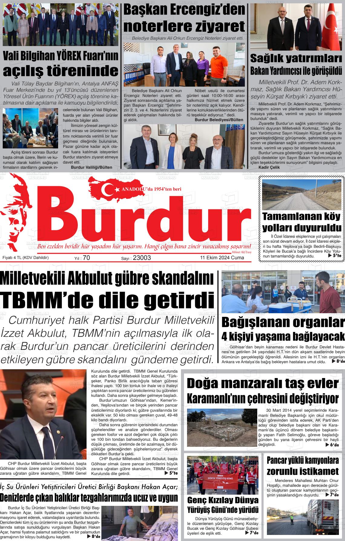 11 Ekim 2024 Burdur Gazete Manşeti