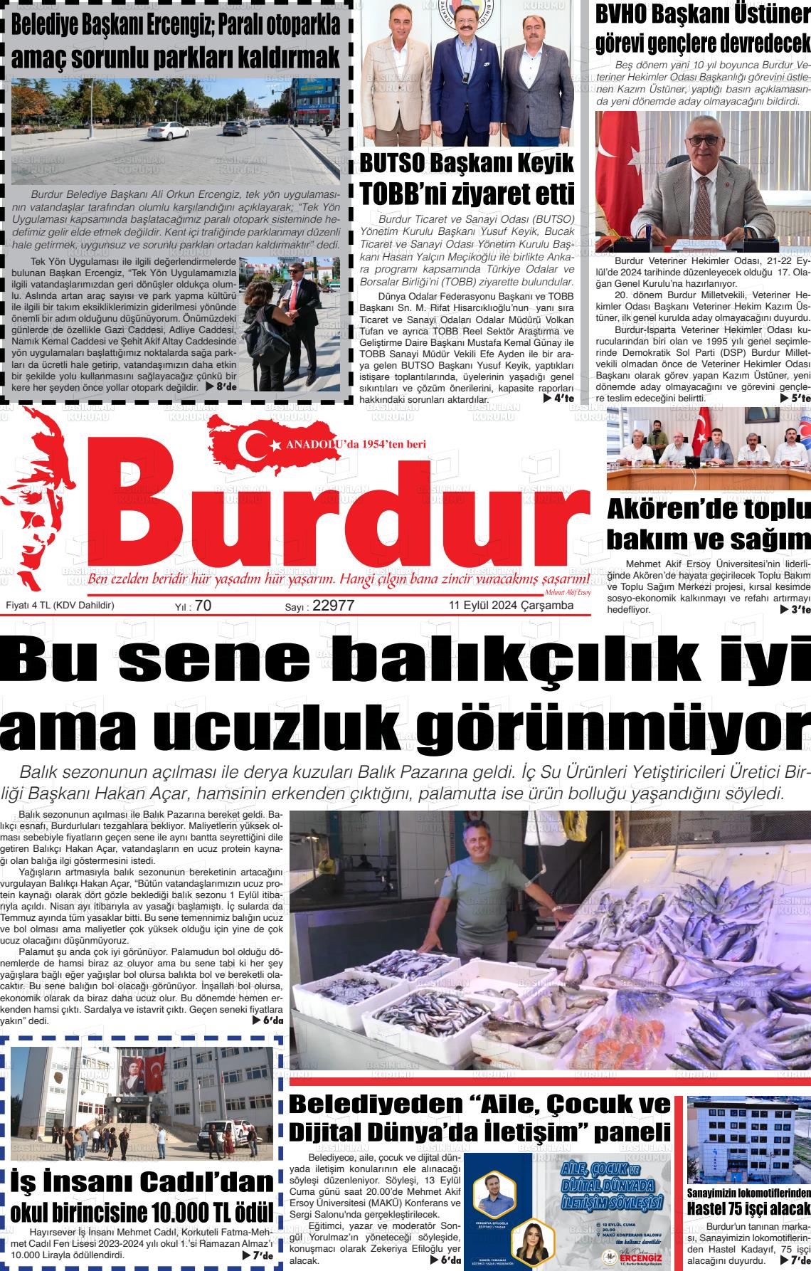 11 Eylül 2024 Burdur Gazete Manşeti