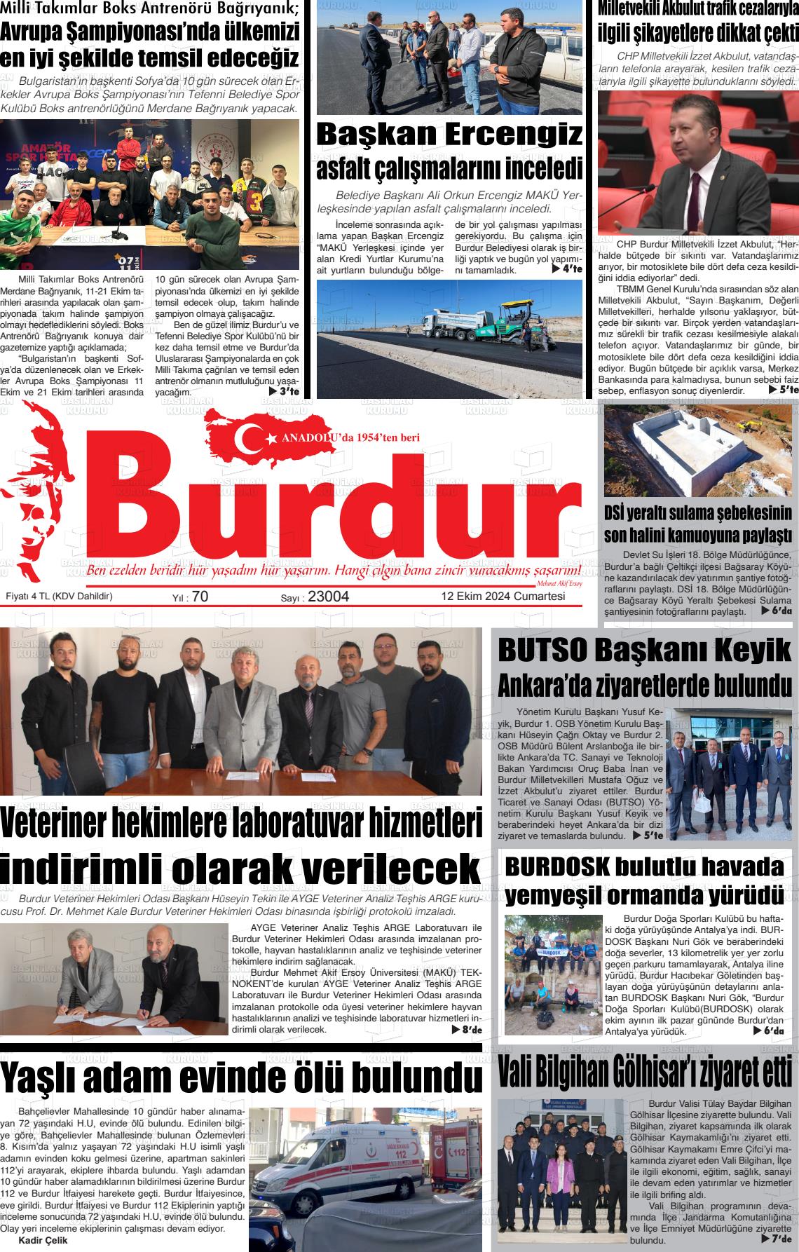 12 Ekim 2024 Burdur Gazete Manşeti