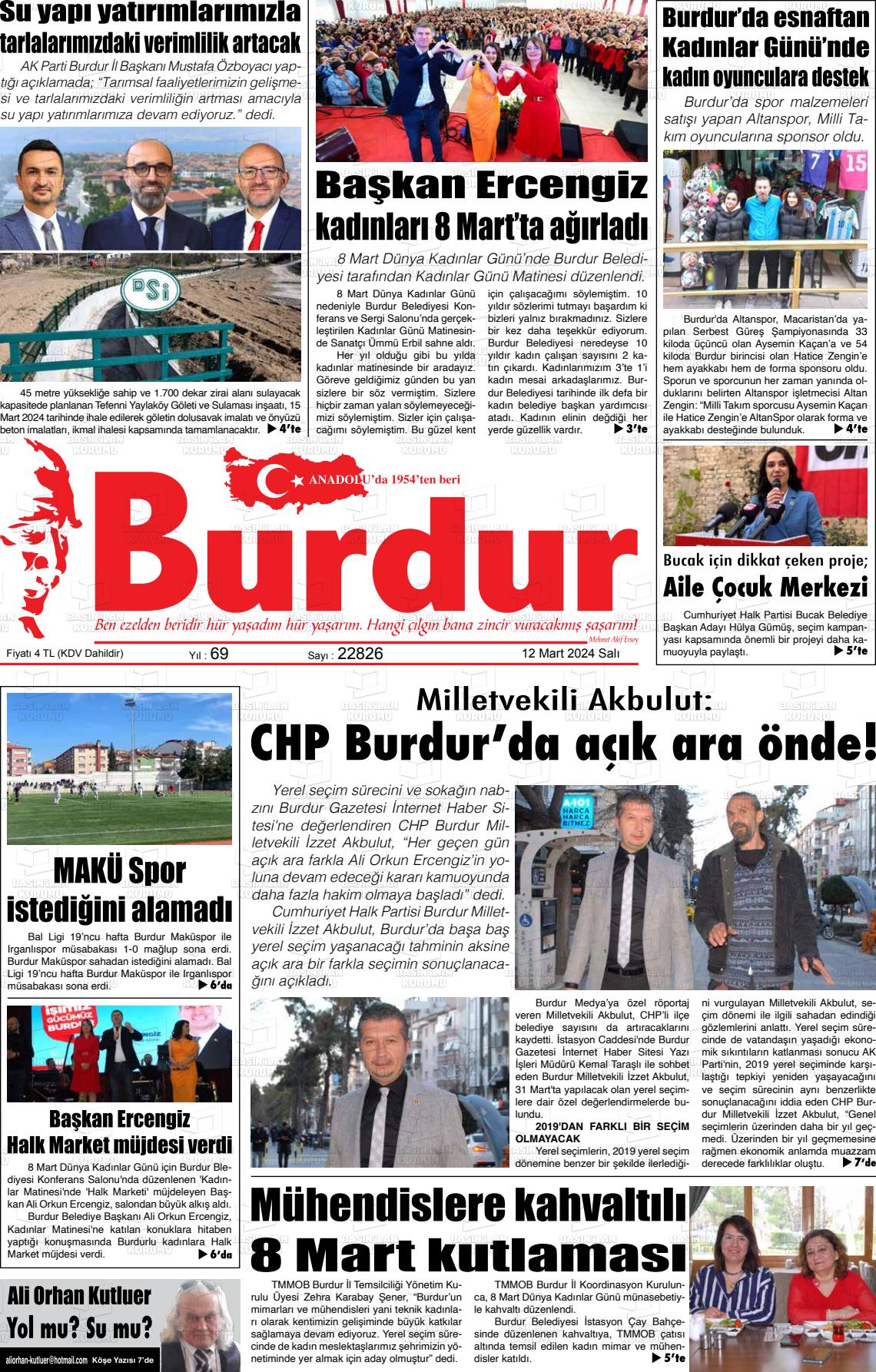 12 Mart 2024 Burdur Gazete Manşeti