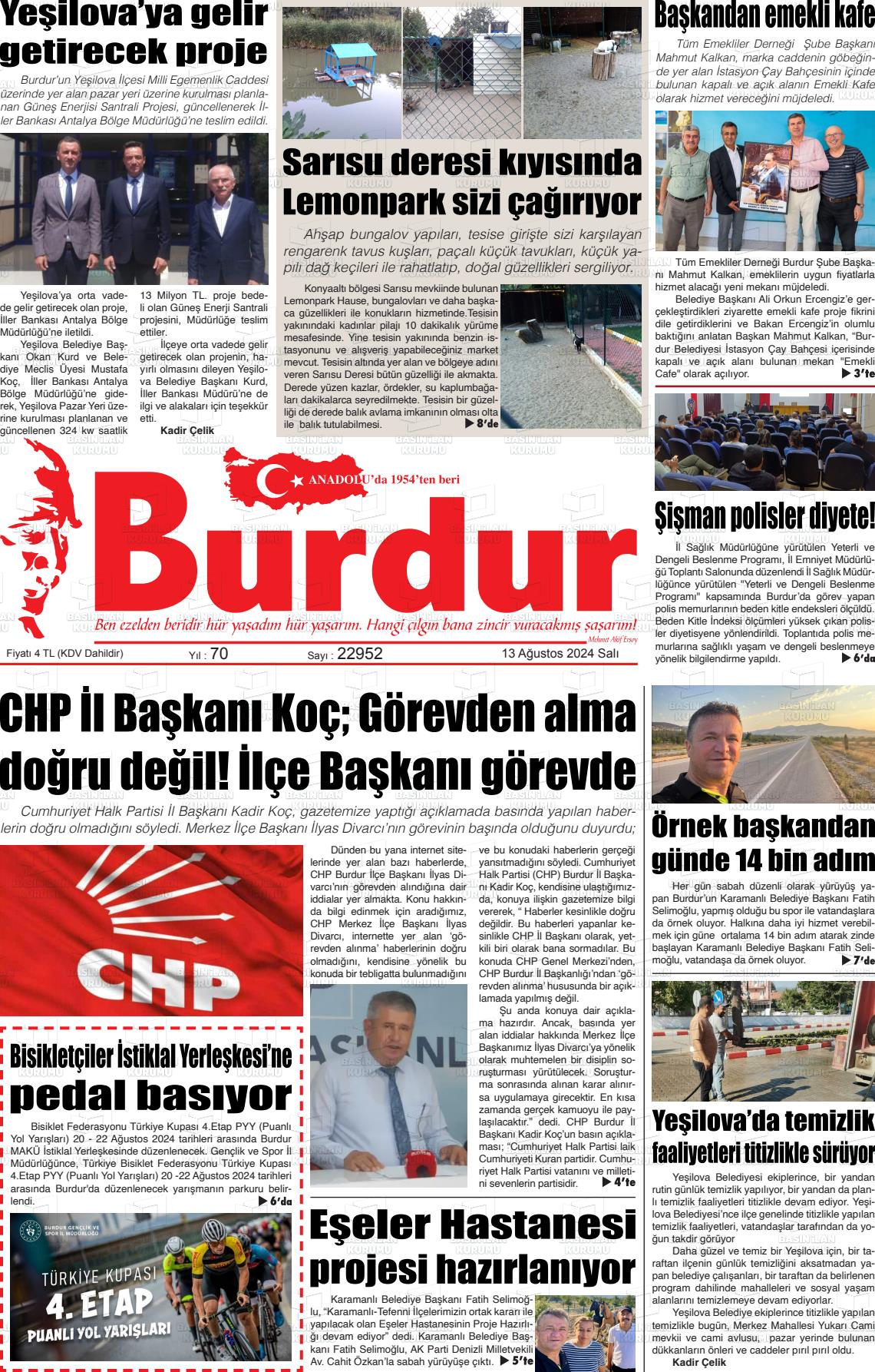 13 Ağustos 2024 Burdur Gazete Manşeti