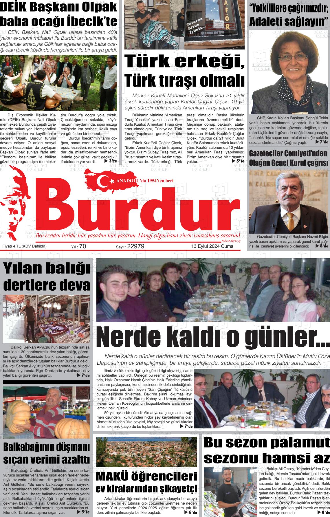 13 Eylül 2024 Burdur Gazete Manşeti